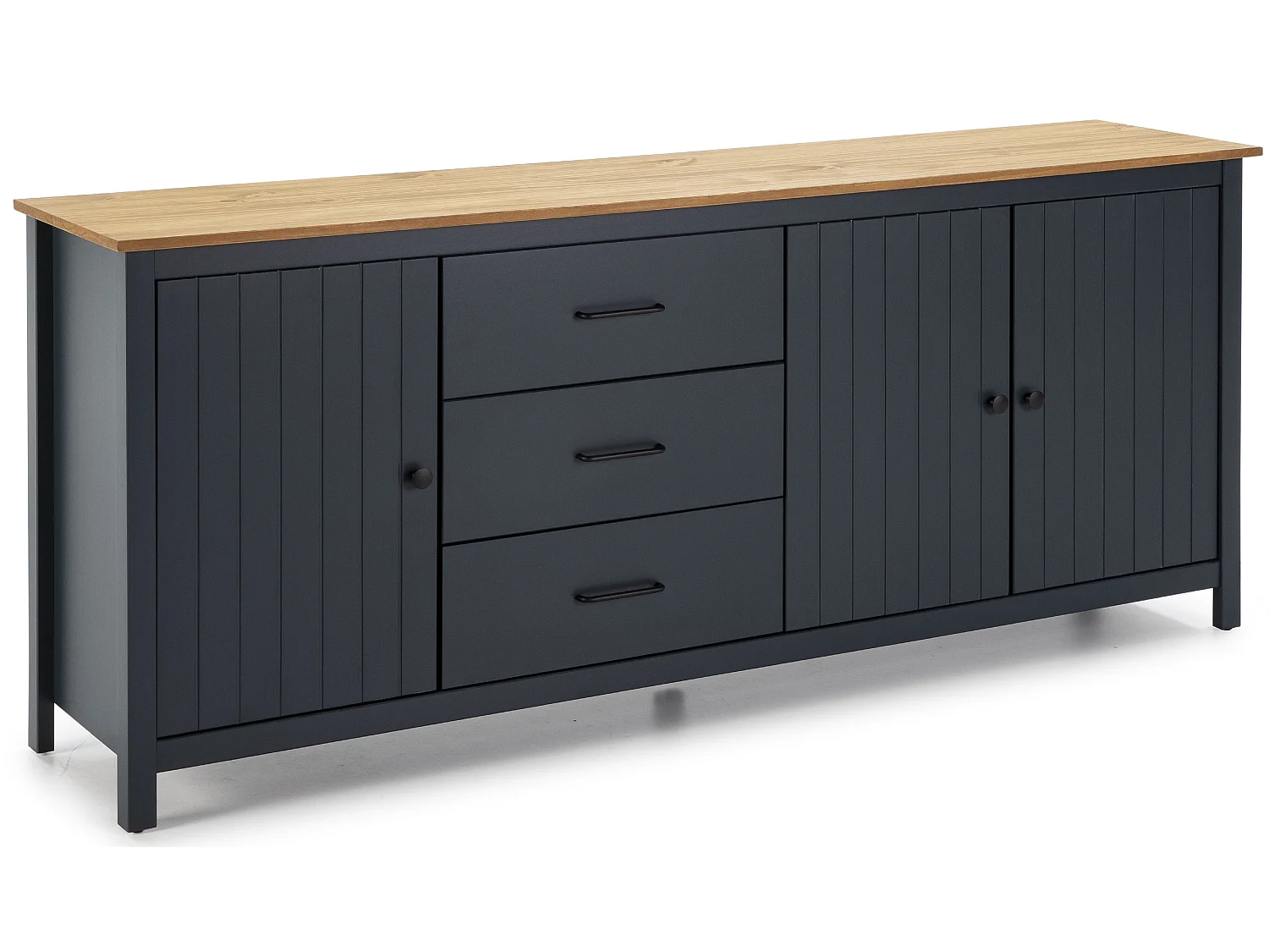 Buffet en pin massif décor ciré chêne et bleu, meuble de rangement - Longueur 190 x Profondeur 40 x Hauteur 80 cm