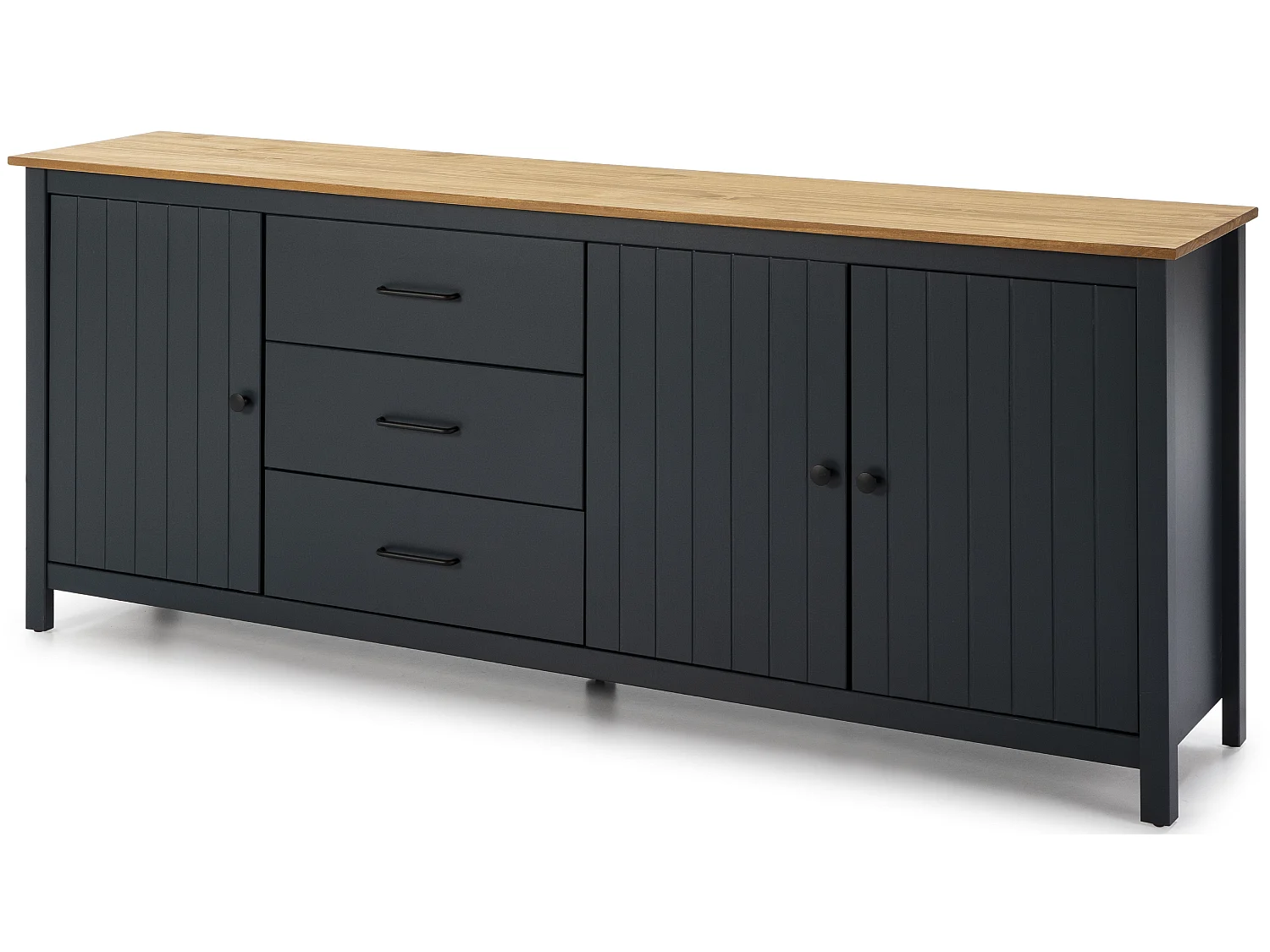 Buffet en pin massif décor ciré chêne et bleu, meuble de rangement - Longueur 190 x Profondeur 40 x Hauteur 80 cm