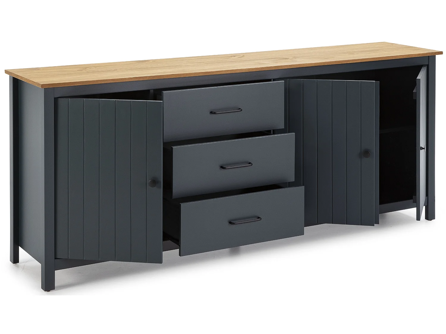 Buffet en pin massif décor ciré chêne et bleu, meuble de rangement - Longueur 190 x Profondeur 40 x Hauteur 80 cm