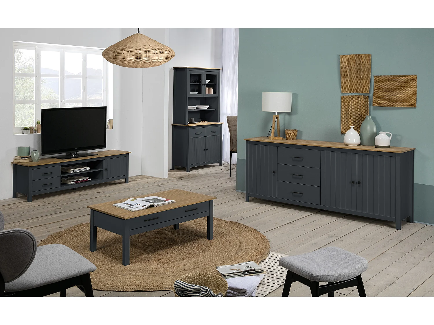 Buffet en pin massif décor ciré chêne et bleu, meuble de rangement - Longueur 190 x Profondeur 40 x Hauteur 80 cm