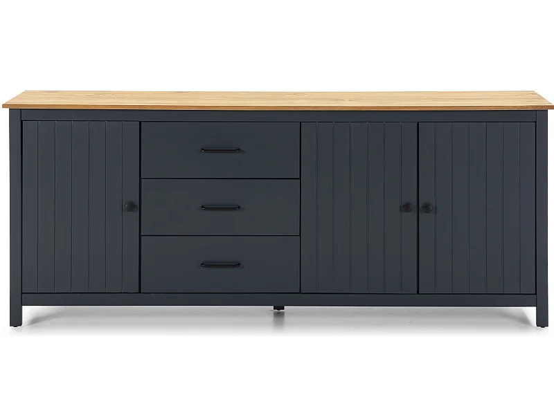 Buffet en pin massif décor ciré chêne et bleu, meuble de rangement - Longueur 190 x Profondeur 40 x Hauteur 80 cm