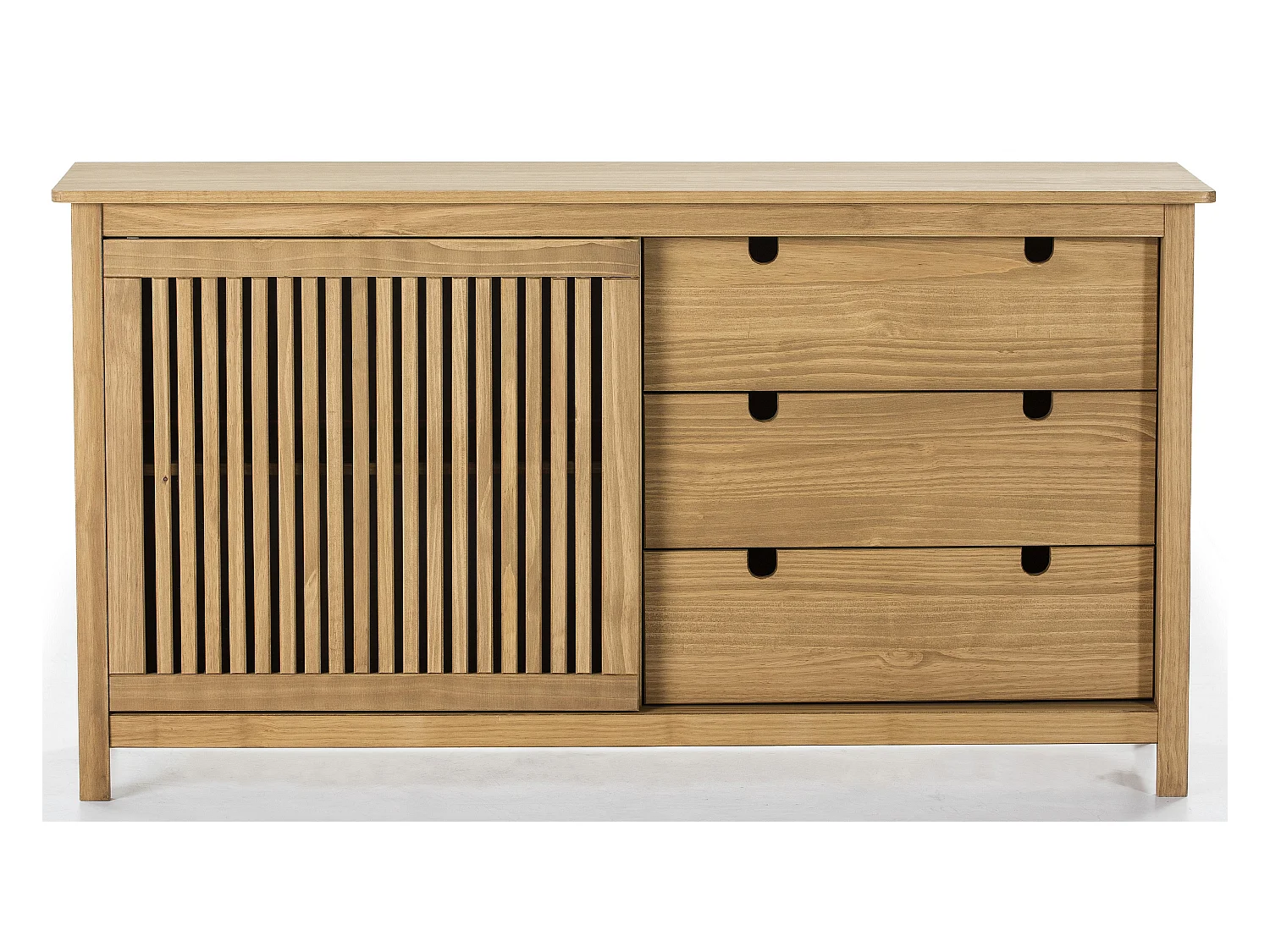 Buffet bas en pin massif décor ciré chêne, meuble de rangement - Longueur 150 x Profondeur 40 x Hauteur 80 cm