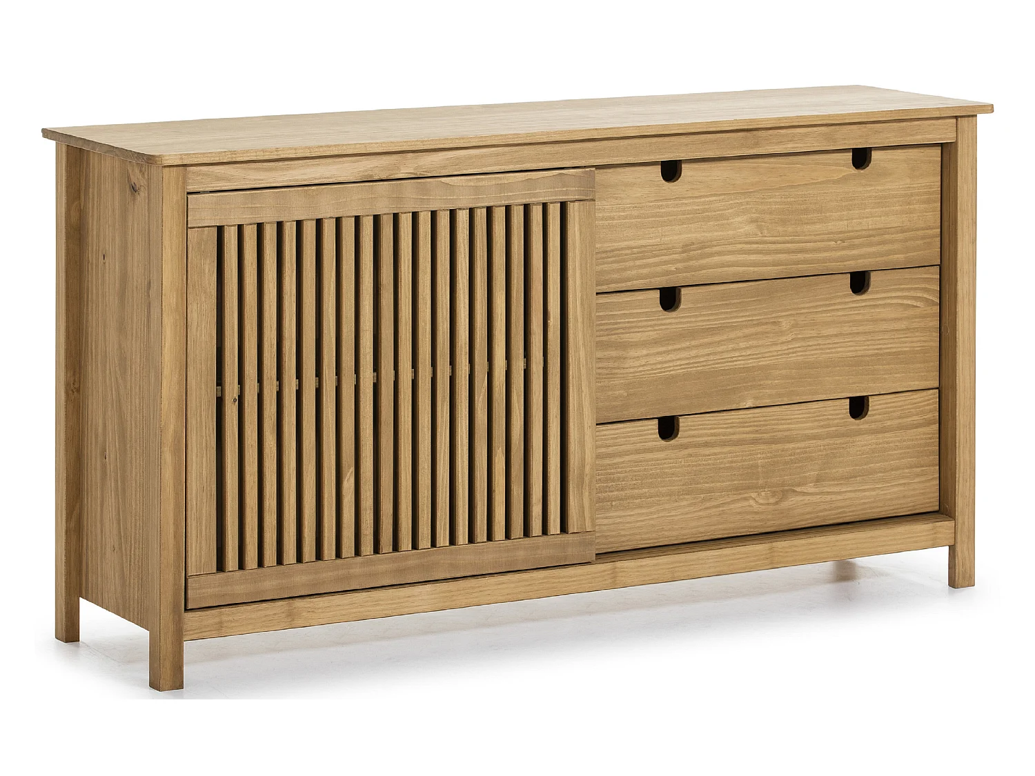 Buffet bas en pin massif décor ciré chêne, meuble de rangement - Longueur 150 x Profondeur 40 x Hauteur 80 cm
