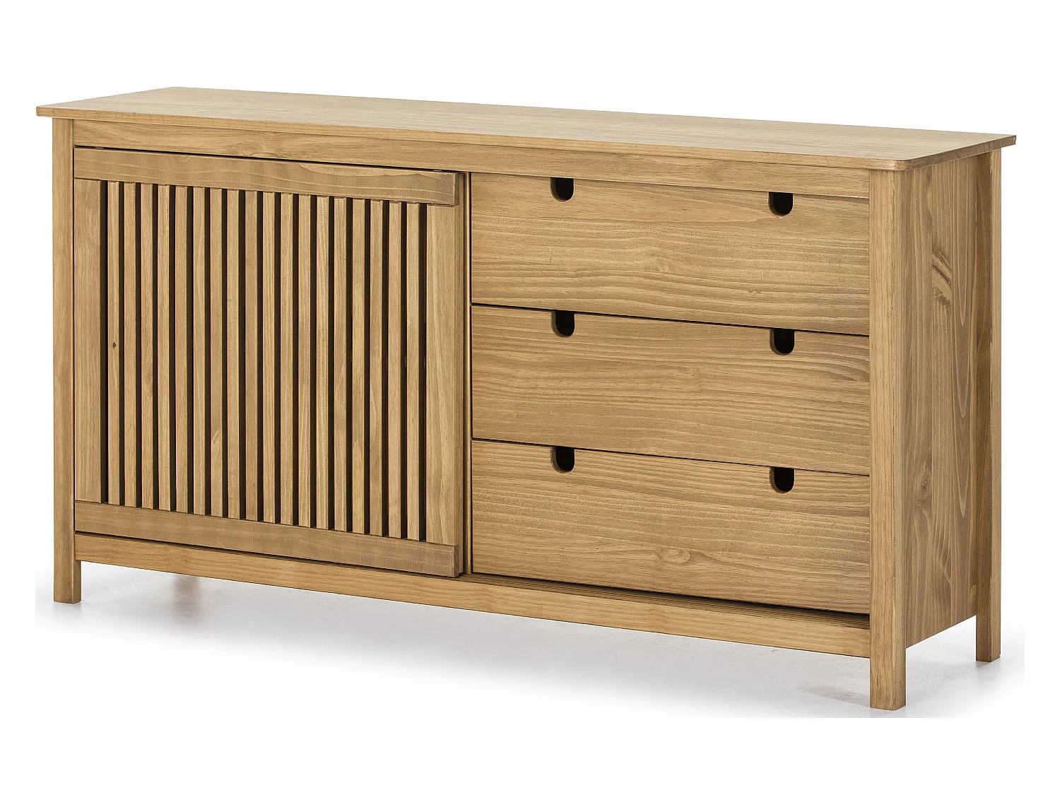Buffet bas en pin massif décor ciré chêne, meuble de rangement - Longueur 150 x Profondeur 40 x Hauteur 80 cm
