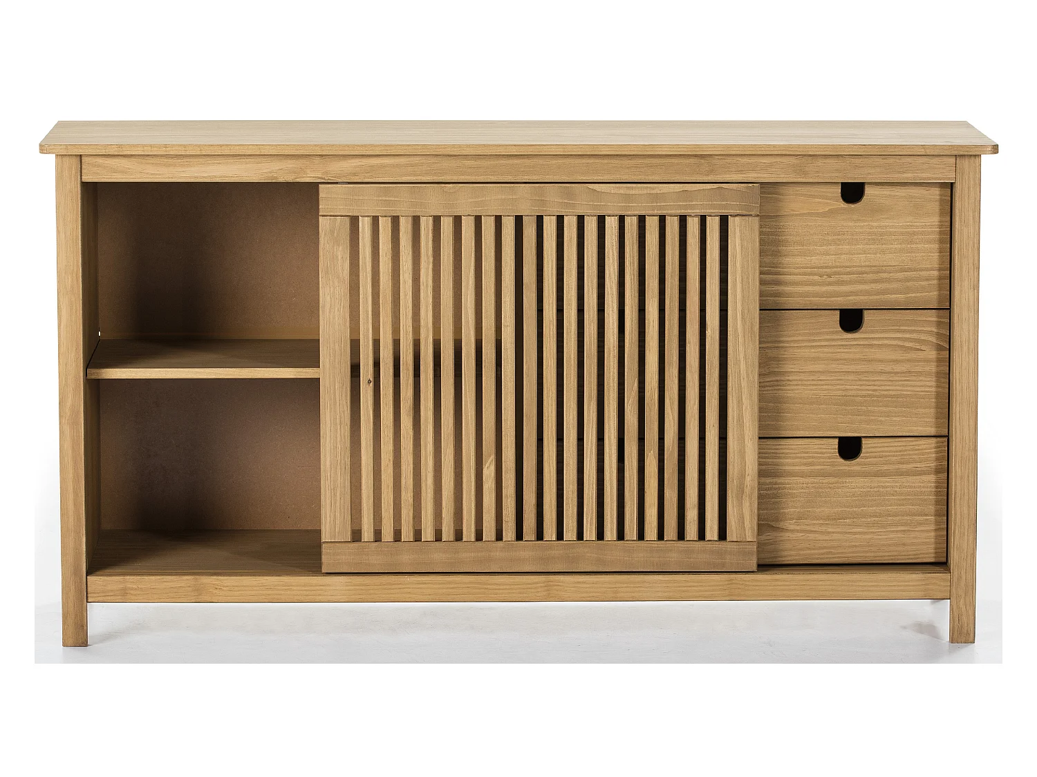 Buffet bas en pin massif décor ciré chêne, meuble de rangement - Longueur 150 x Profondeur 40 x Hauteur 80 cm