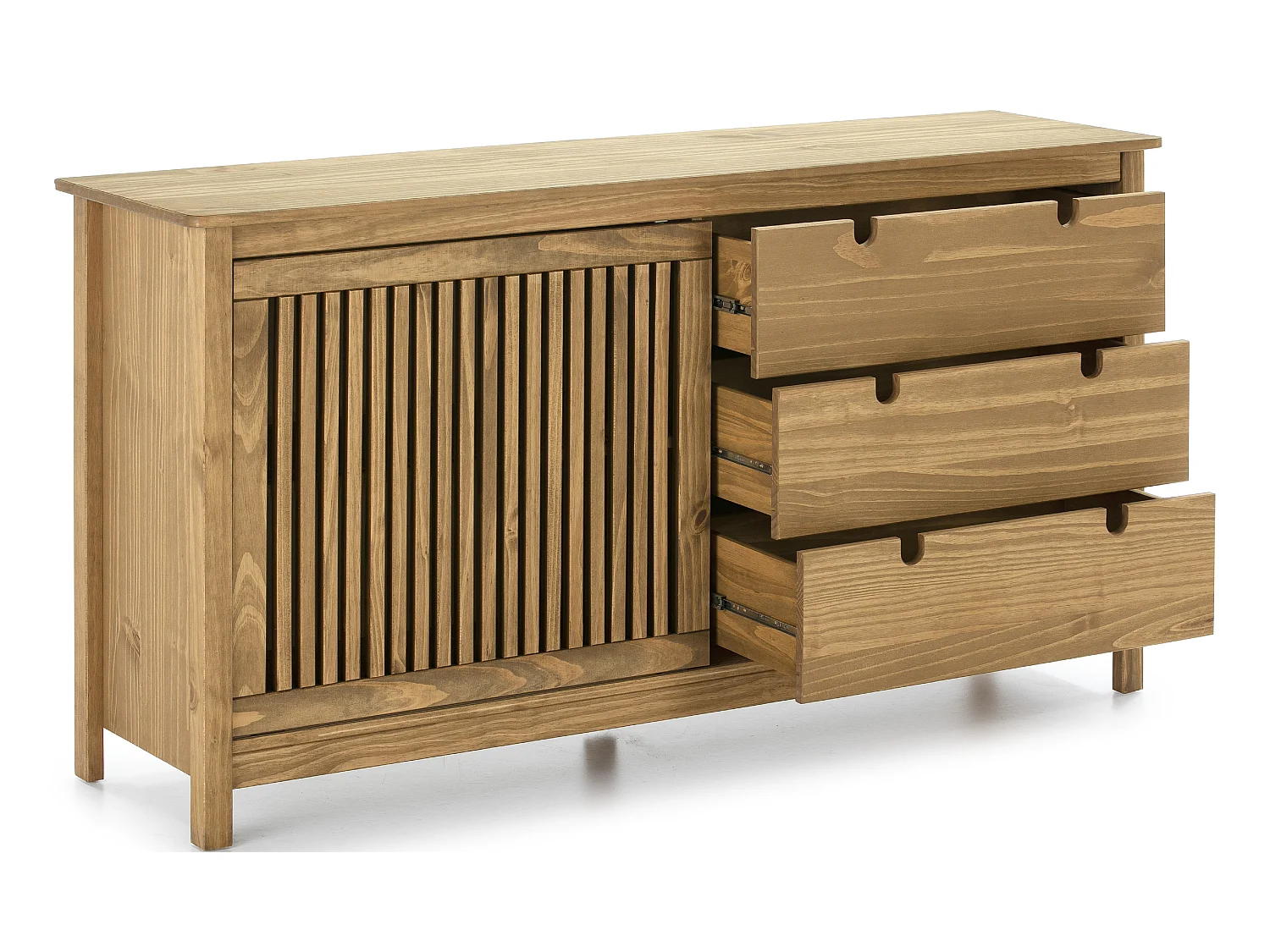 Buffet bas en pin massif décor ciré chêne, meuble de rangement - Longueur 150 x Profondeur 40 x Hauteur 80 cm