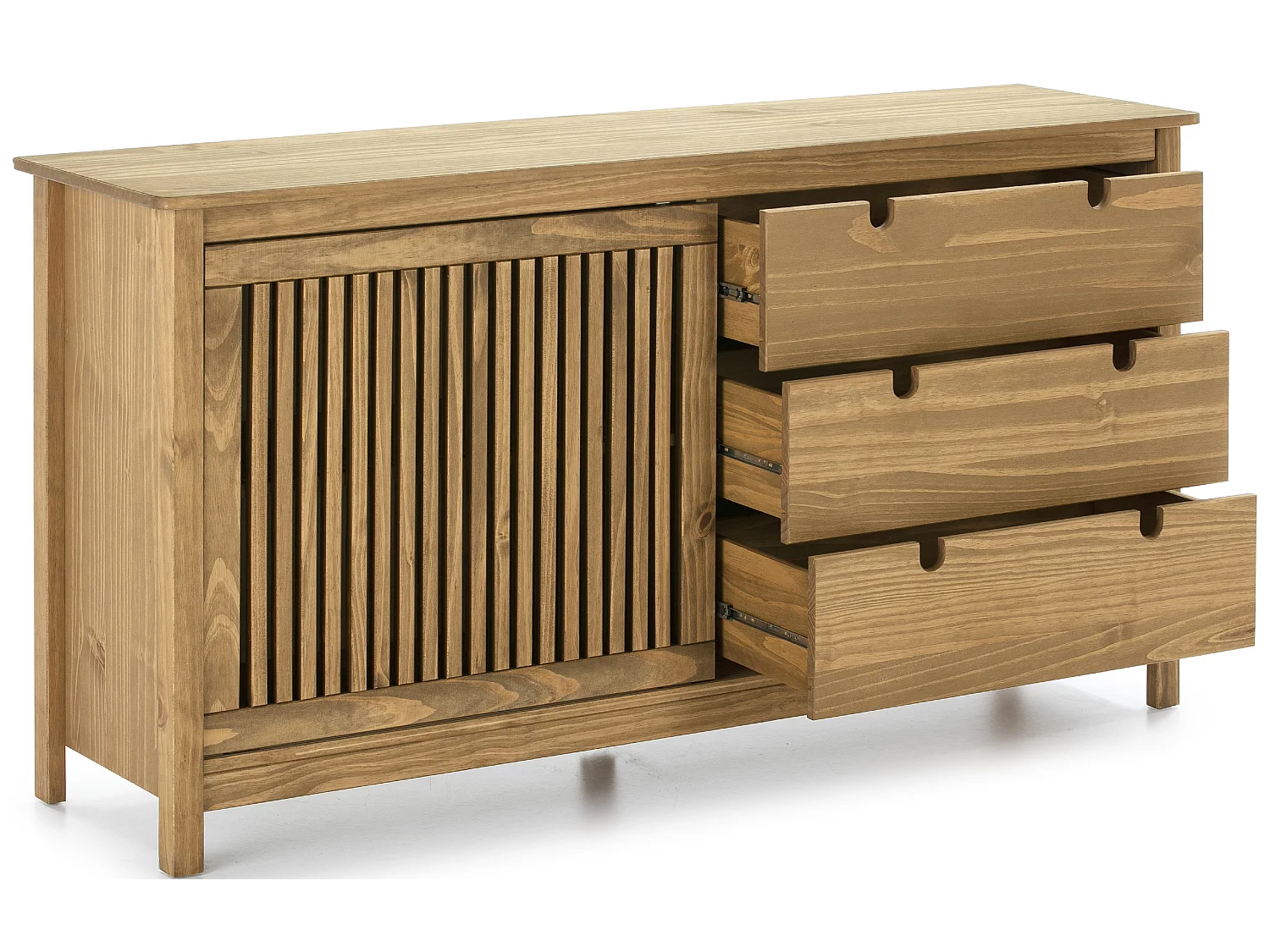 Buffet bas en pin massif décor ciré chêne, meuble de rangement - Longueur 150 x Profondeur 40 x Hauteur 80 cm
