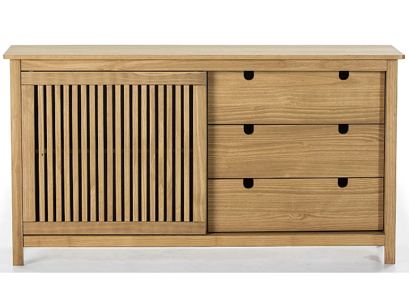 Buffet bas en pin massif décor ciré chêne, meuble de rangement - Longueur 150 x Profondeur 40 x Hauteur 80 cm