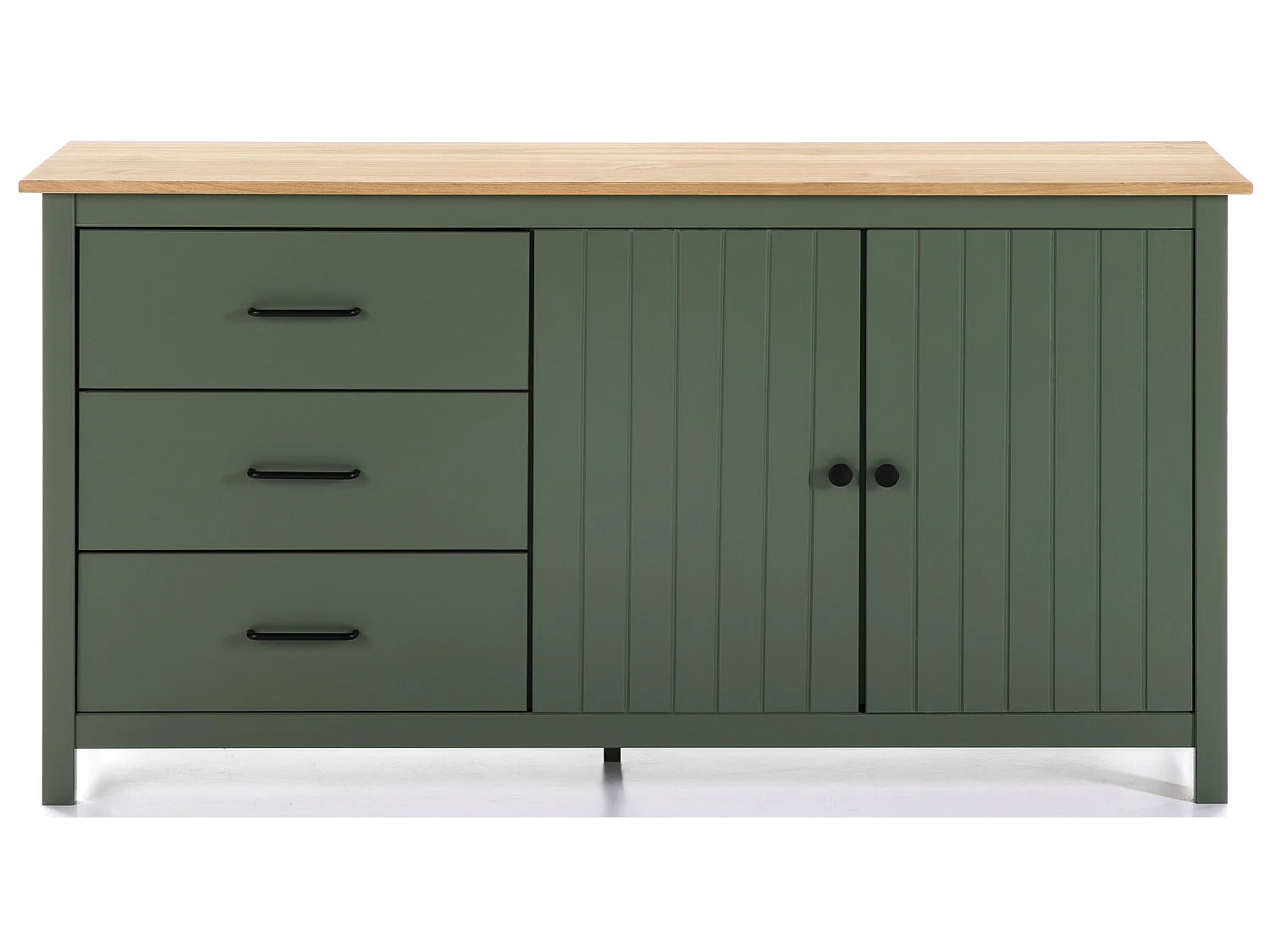 Buffet en pin massif décor ciré chêne et vert, meuble de rangement - Longueur 150 x Profondeur 40 x Hauteur 80 cm