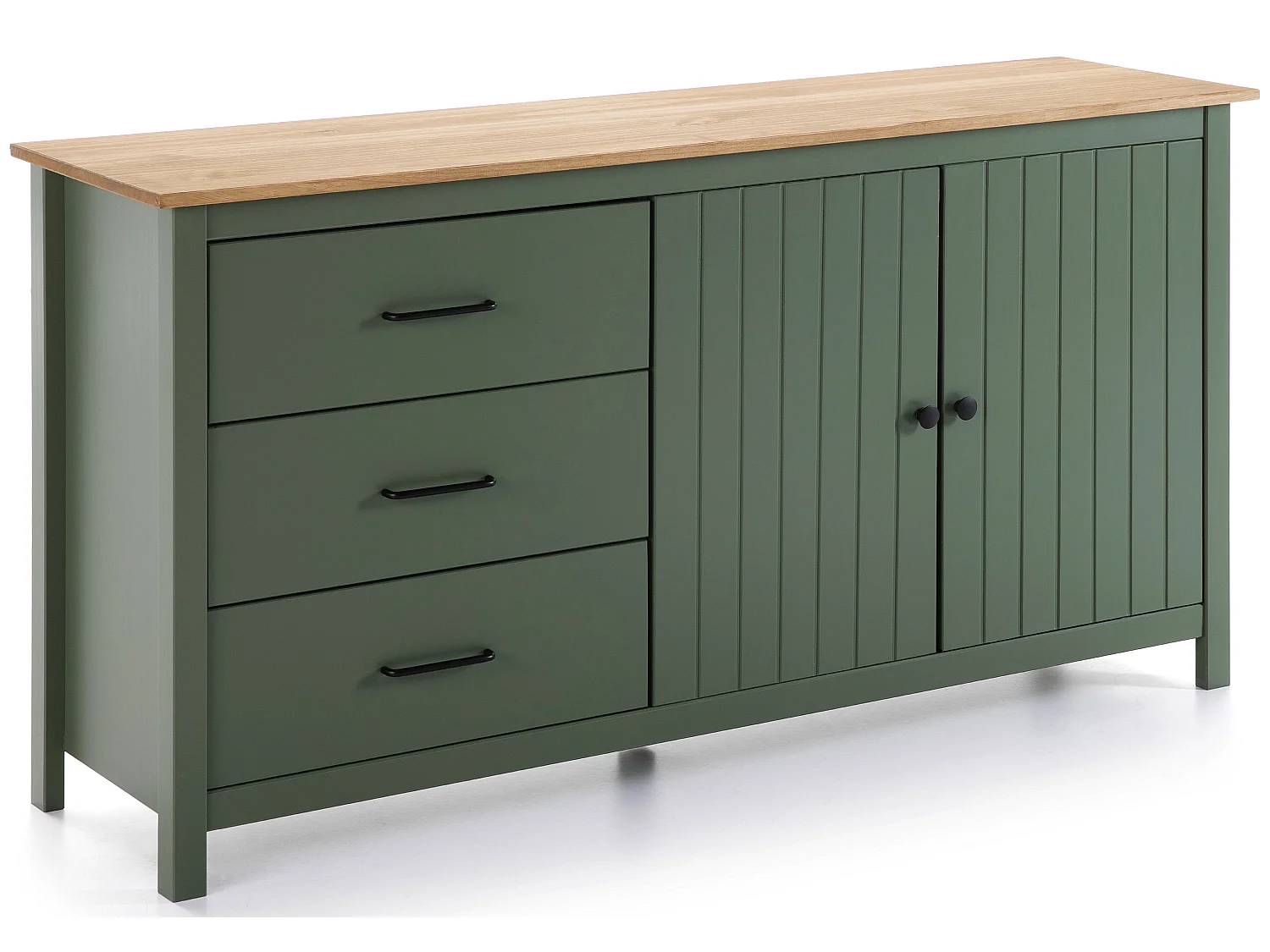 Buffet en pin massif décor ciré chêne et vert, meuble de rangement - Longueur 150 x Profondeur 40 x Hauteur 80 cm