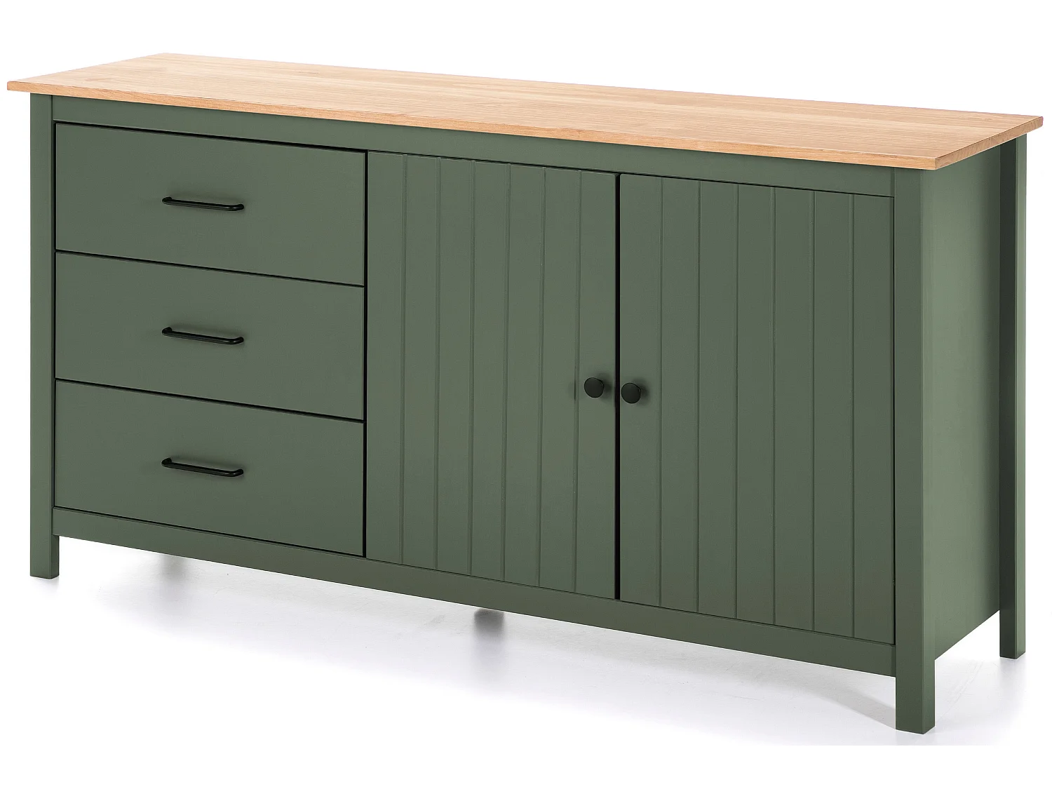 Buffet en pin massif décor ciré chêne et vert, meuble de rangement - Longueur 150 x Profondeur 40 x Hauteur 80 cm
