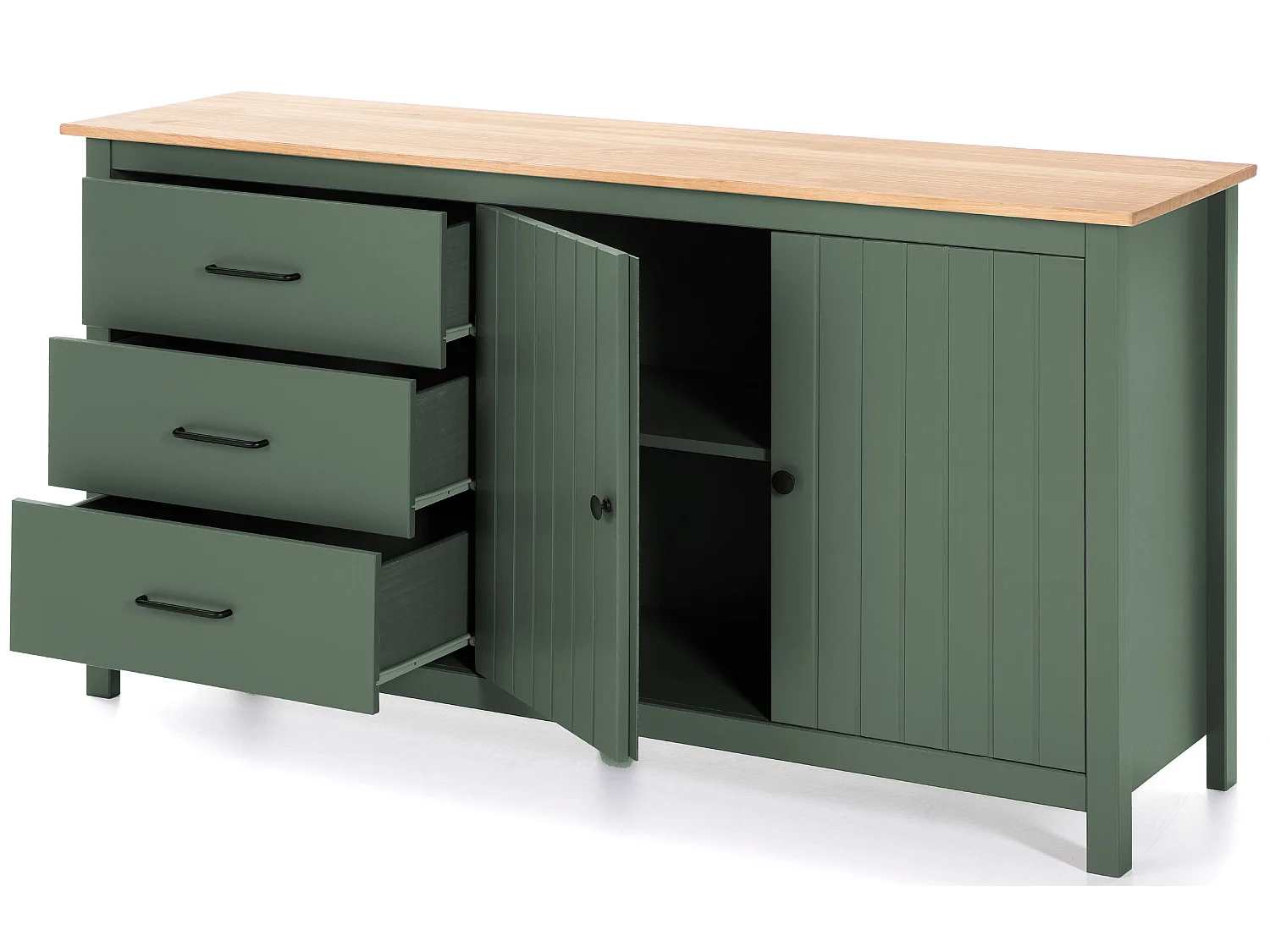 Buffet en pin massif décor ciré chêne et vert, meuble de rangement - Longueur 150 x Profondeur 40 x Hauteur 80 cm