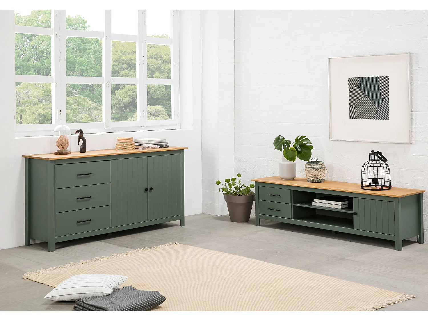 Buffet en pin massif décor ciré chêne et vert, meuble de rangement - Longueur 150 x Profondeur 40 x Hauteur 80 cm
