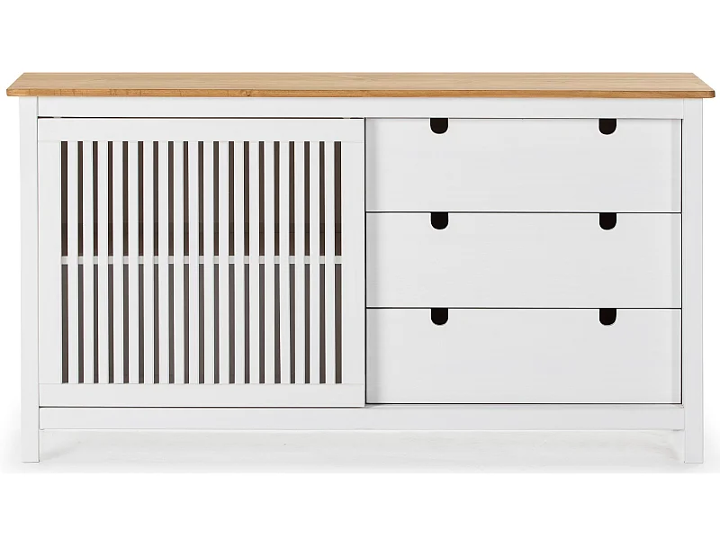 Buffet bas en pin massif décor ciré chêne et blanc, meuble de rangement - Longueur 150 x Profondeur 40 x Hauteur 80 cm