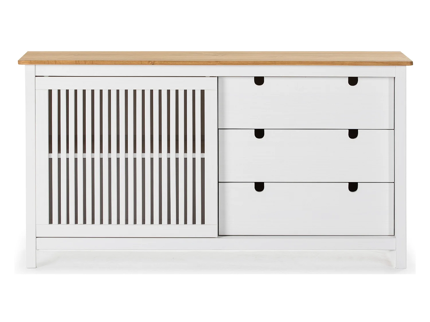 Buffet bas en pin massif décor ciré chêne et blanc, meuble de rangement - Longueur 150 x Profondeur 40 x Hauteur 80 cm