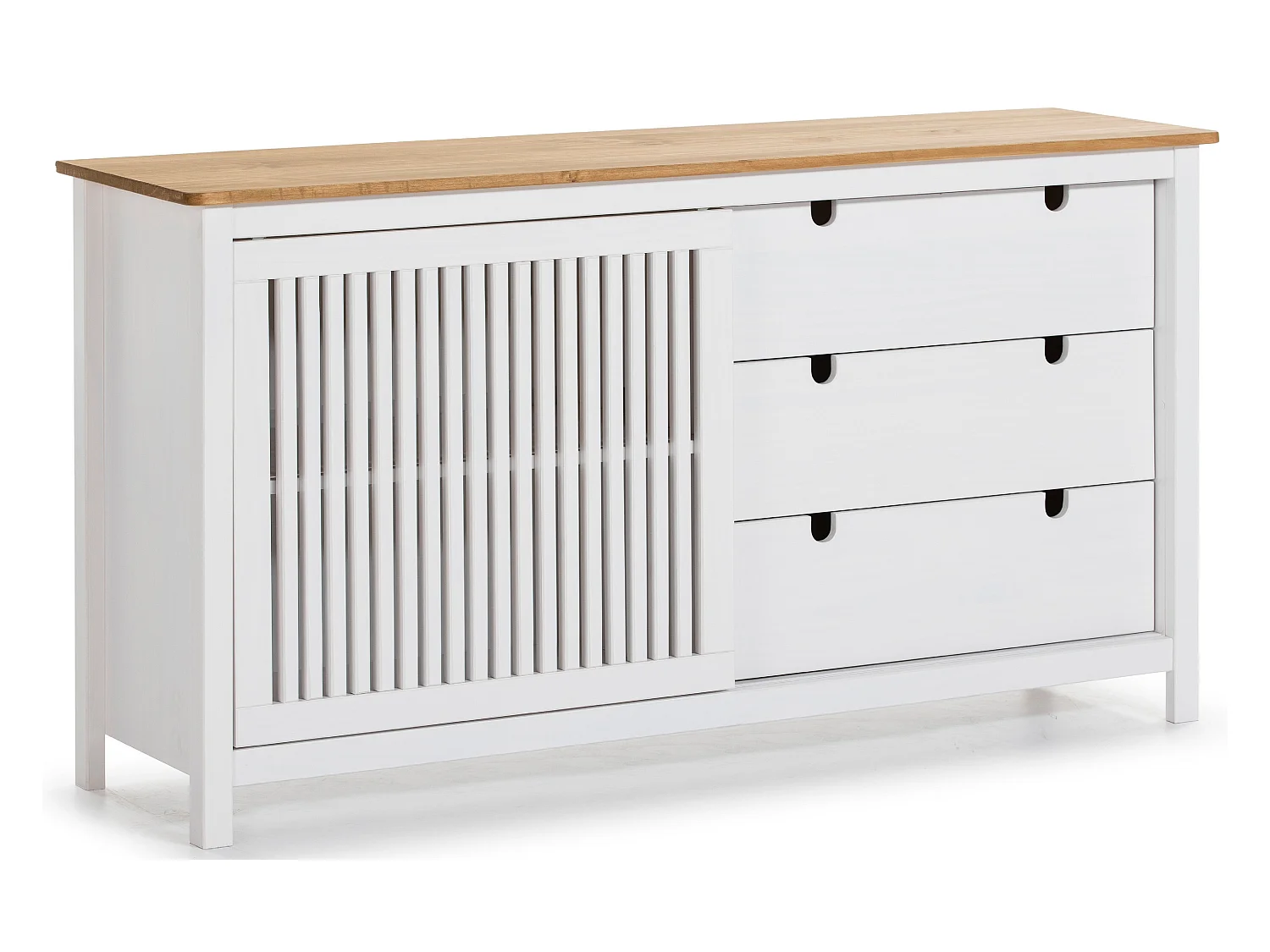 Buffet bas en pin massif décor ciré chêne et blanc, meuble de rangement - Longueur 150 x Profondeur 40 x Hauteur 80 cm