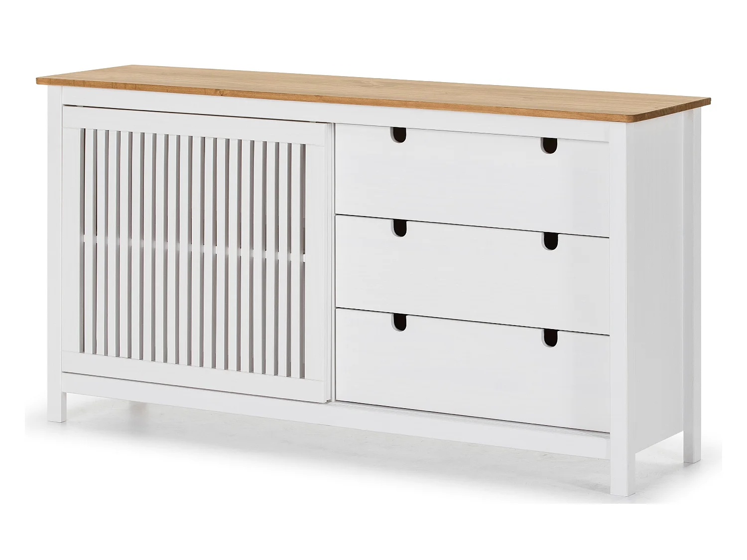 Buffet bas en pin massif décor ciré chêne et blanc, meuble de rangement - Longueur 150 x Profondeur 40 x Hauteur 80 cm