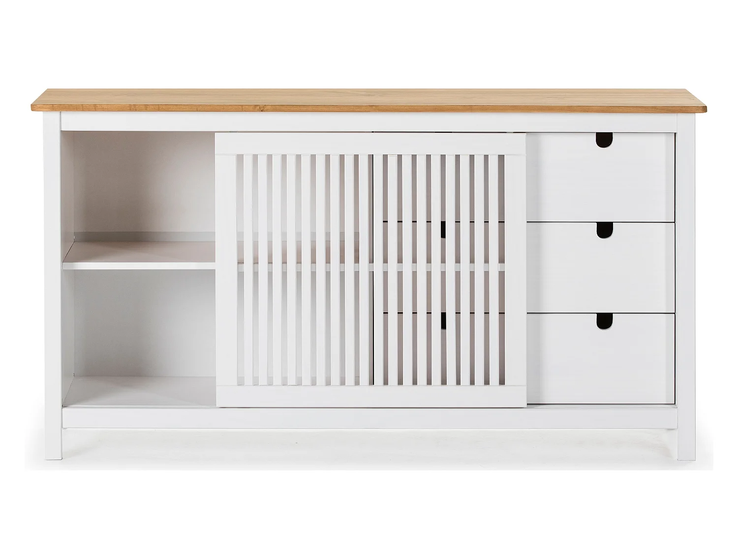 Buffet bas en pin massif décor ciré chêne et blanc, meuble de rangement - Longueur 150 x Profondeur 40 x Hauteur 80 cm