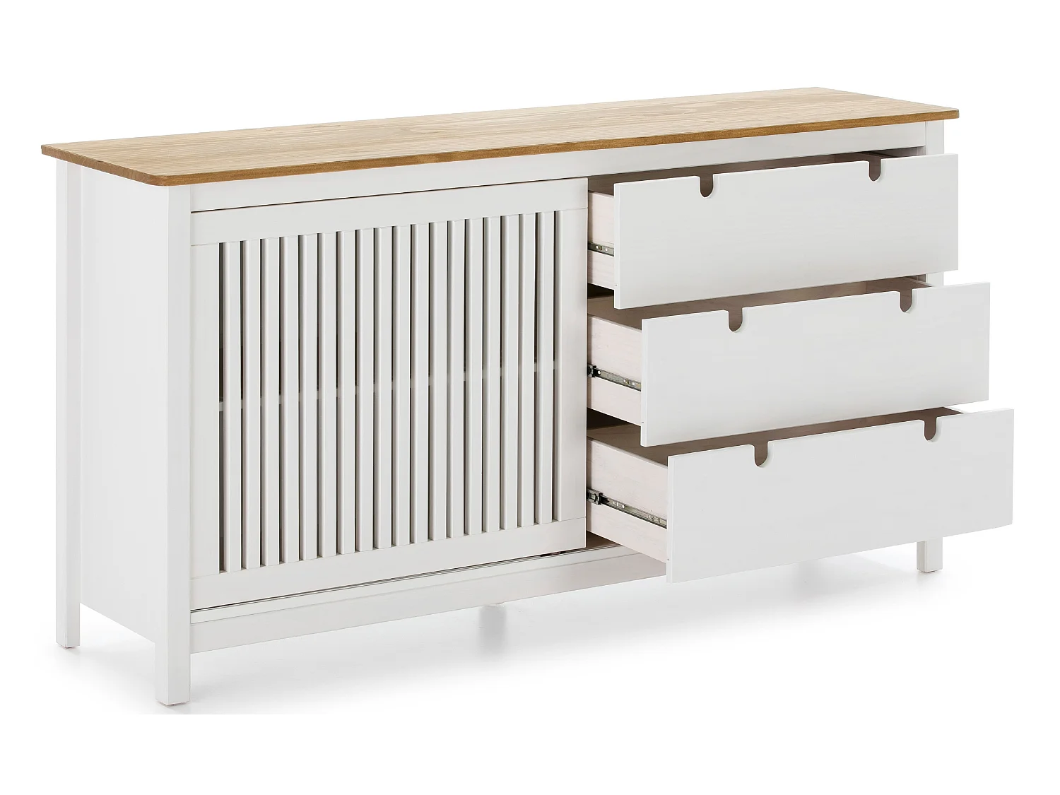 Buffet bas en pin massif décor ciré chêne et blanc, meuble de rangement - Longueur 150 x Profondeur 40 x Hauteur 80 cm