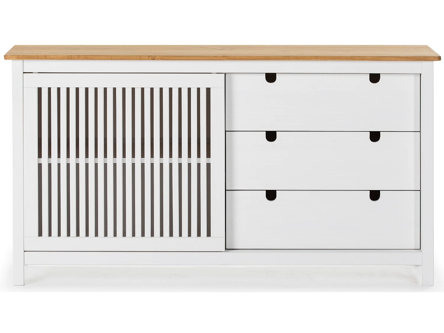 Buffet bas en pin massif décor ciré chêne et blanc, meuble de rangement - Longueur 150 x Profondeur 40 x Hauteur 80 cm