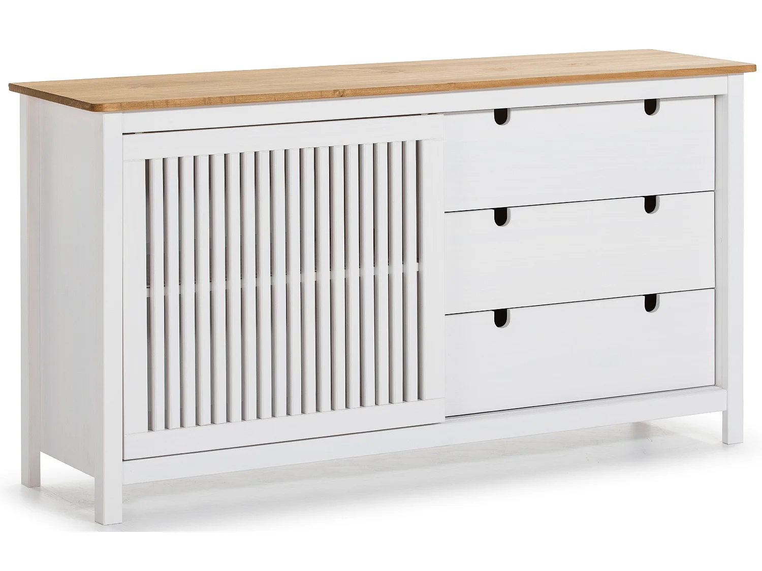 Buffet bas en pin massif décor ciré chêne et blanc, meuble de rangement - Longueur 150 x Profondeur 40 x Hauteur 80 cm
