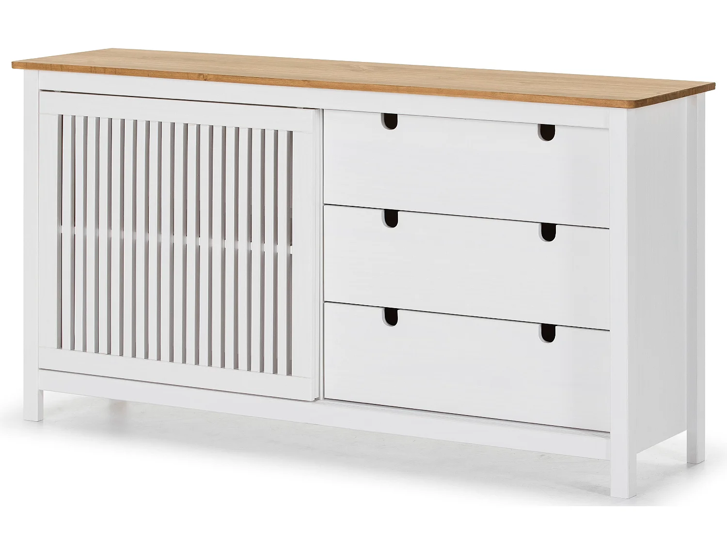 Buffet bas en pin massif décor ciré chêne et blanc, meuble de rangement - Longueur 150 x Profondeur 40 x Hauteur 80 cm