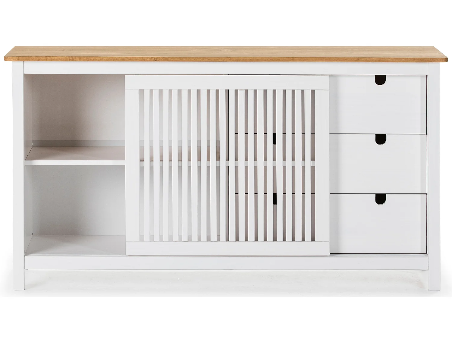 Buffet bas en pin massif décor ciré chêne et blanc, meuble de rangement - Longueur 150 x Profondeur 40 x Hauteur 80 cm