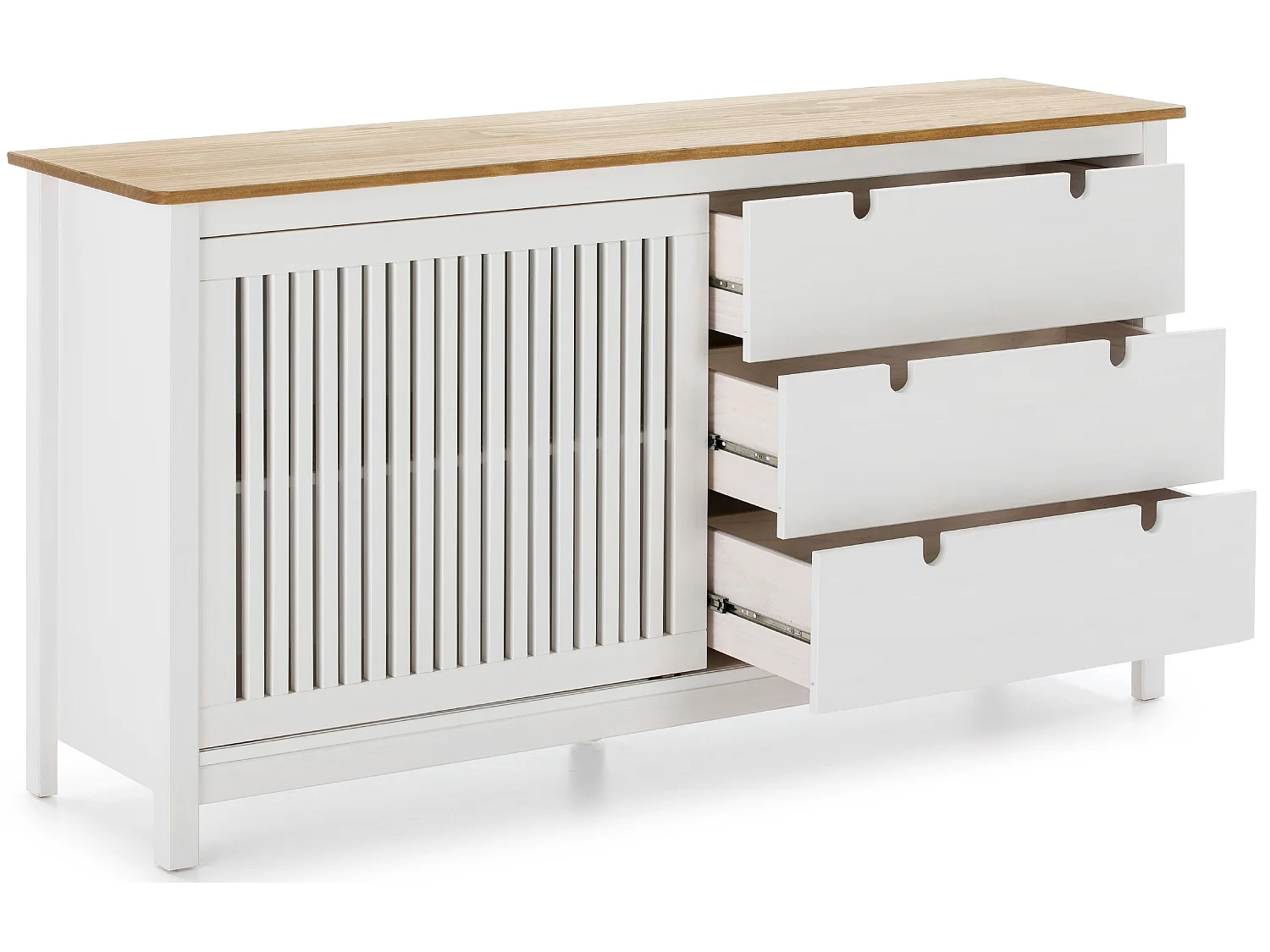 Buffet bas en pin massif décor ciré chêne et blanc, meuble de rangement - Longueur 150 x Profondeur 40 x Hauteur 80 cm