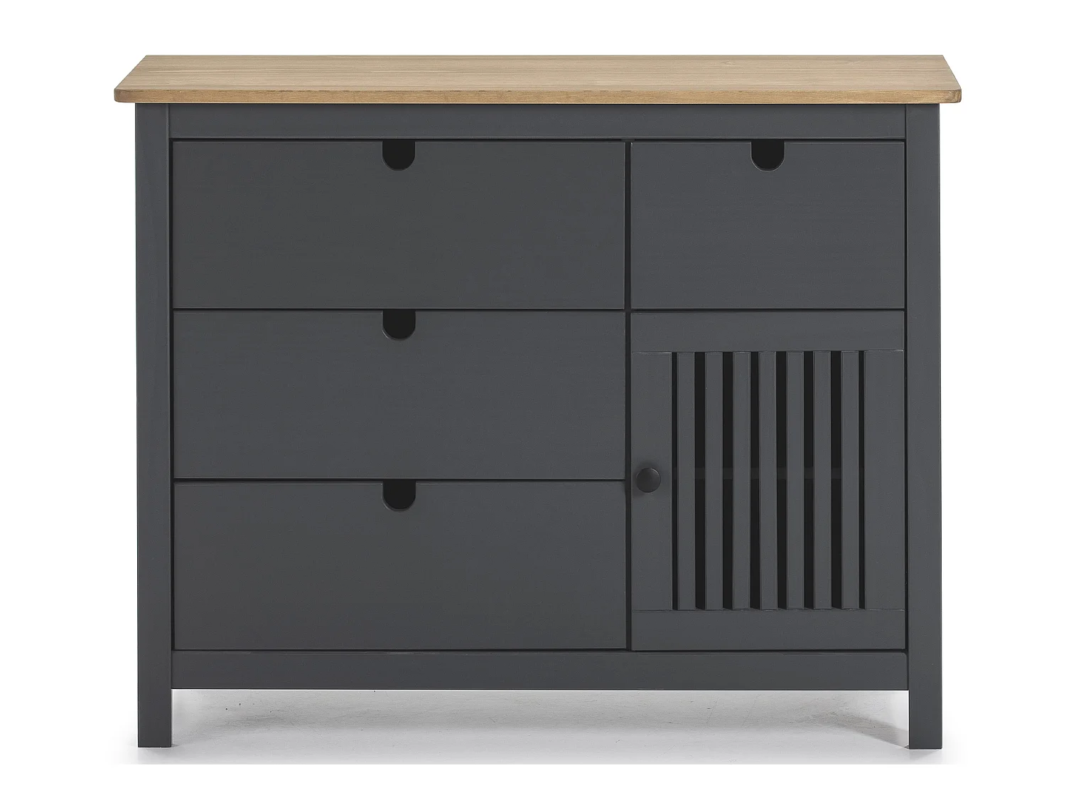 Commode en pin massif décor ciré gris anthracite et chêne, meuble de rangement - Longueur 100 x Profondeur 40 x Hauteur 80 cm