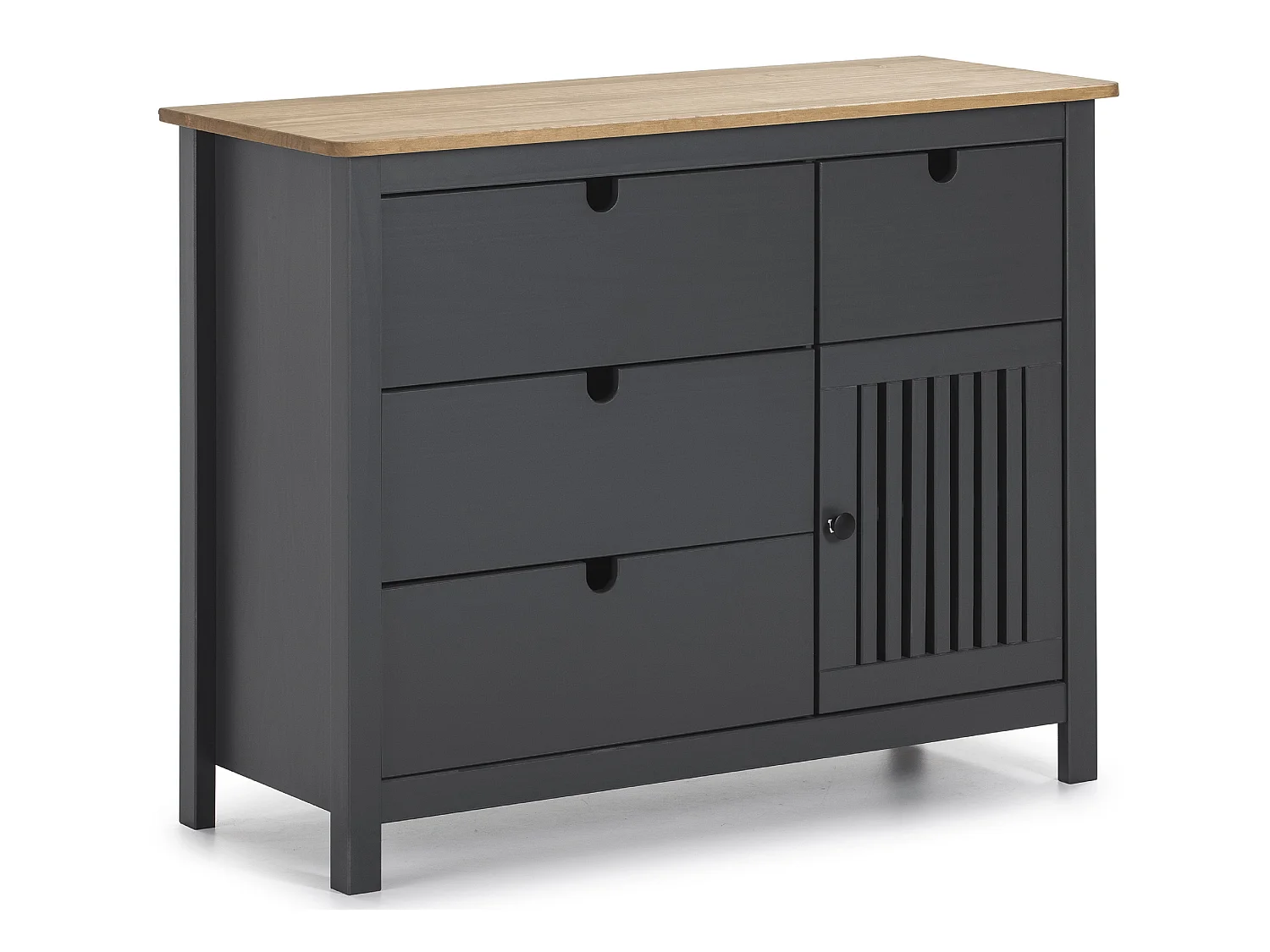 Commode en pin massif décor ciré gris anthracite et chêne, meuble de rangement - Longueur 100 x Profondeur 40 x Hauteur 80 cm