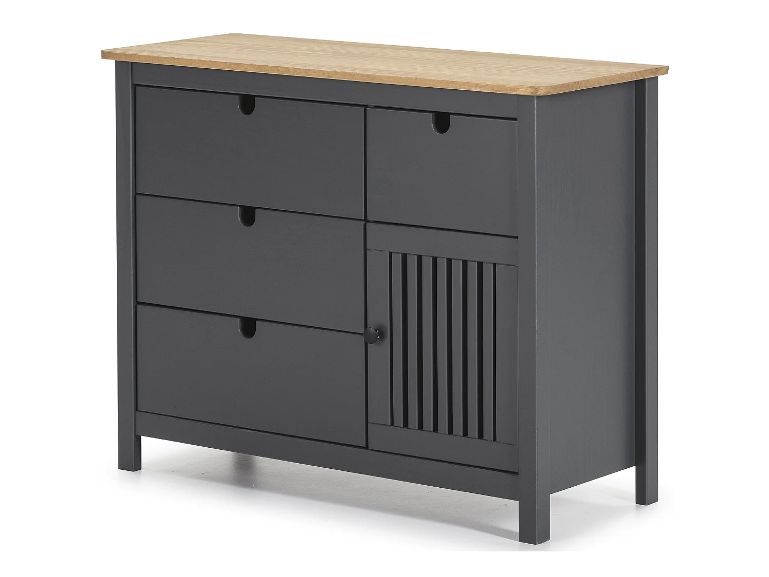 Commode en pin massif décor ciré gris anthracite et chêne, meuble de rangement - Longueur 100 x Profondeur 40 x Hauteur 80 cm