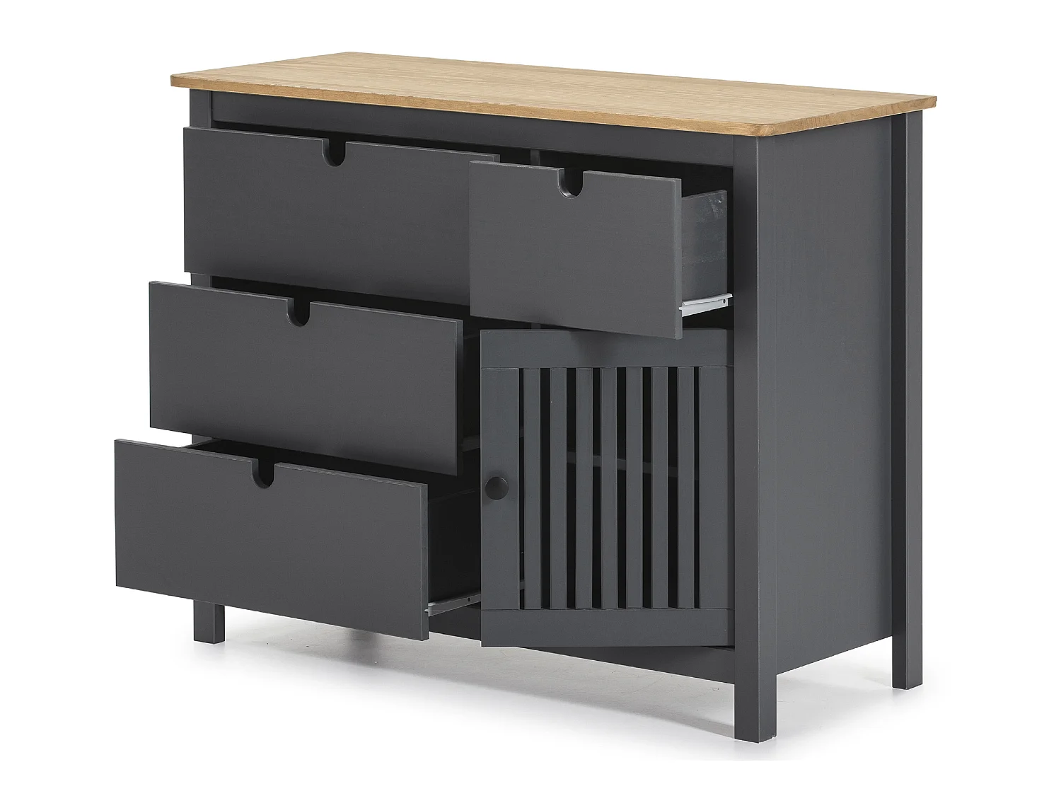 Commode en pin massif décor ciré gris anthracite et chêne, meuble de rangement - Longueur 100 x Profondeur 40 x Hauteur 80 cm