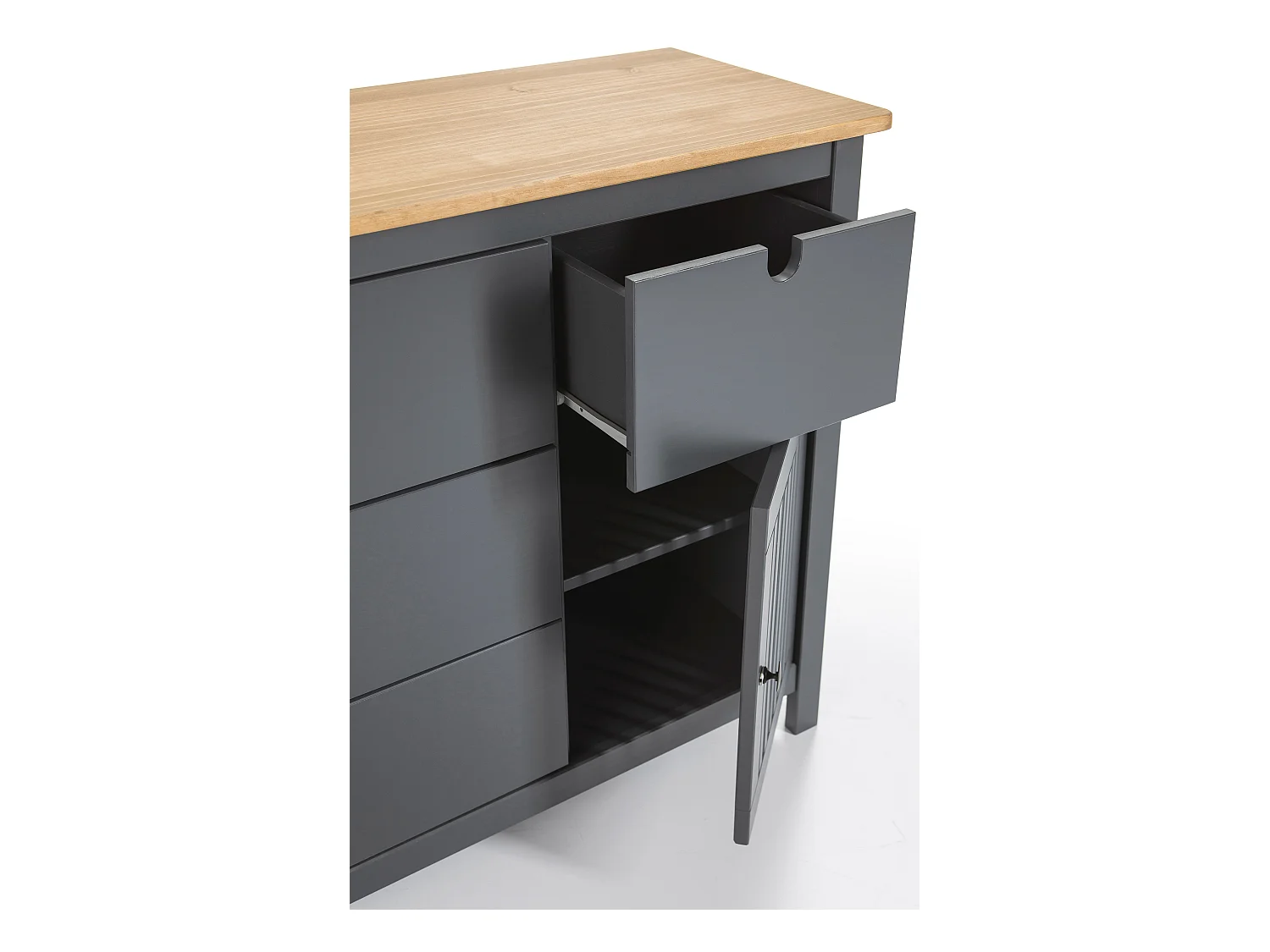 Commode en pin massif décor ciré gris anthracite et chêne, meuble de rangement - Longueur 100 x Profondeur 40 x Hauteur 80 cm
