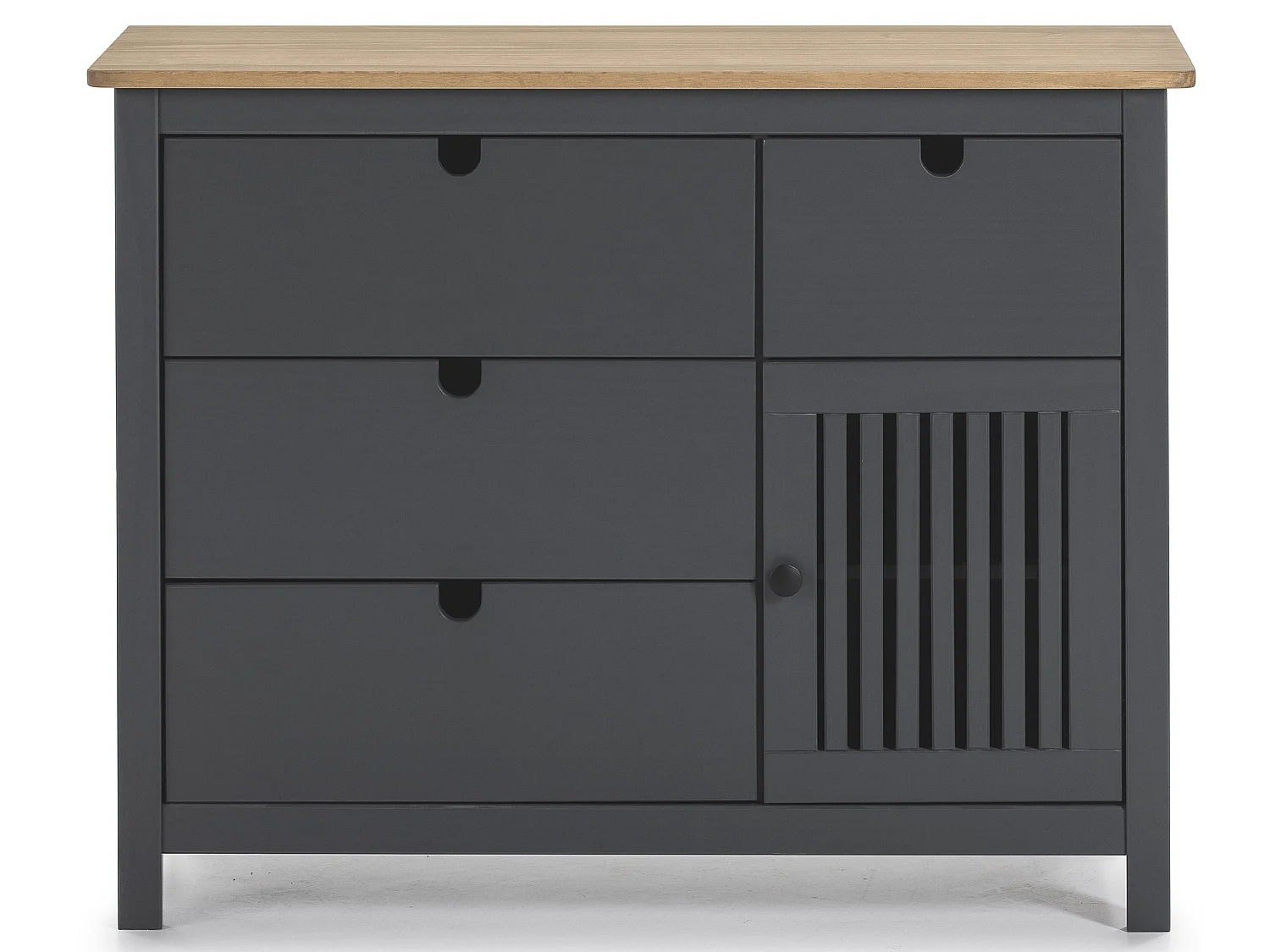 Commode en pin massif décor ciré gris anthracite et chêne, meuble de rangement - Longueur 100 x Profondeur 40 x Hauteur 80 cm