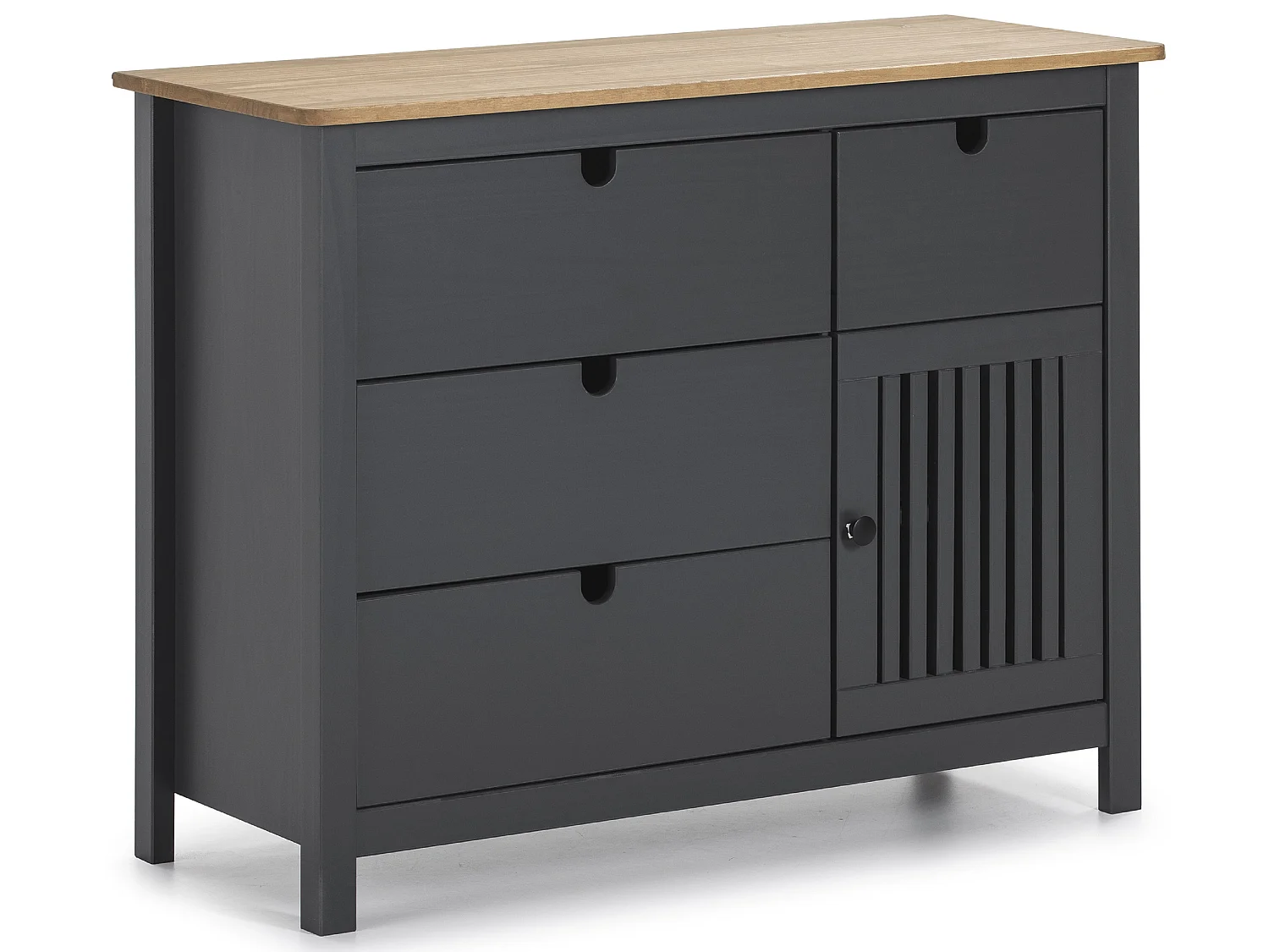 Commode en pin massif décor ciré gris anthracite et chêne, meuble de rangement - Longueur 100 x Profondeur 40 x Hauteur 80 cm