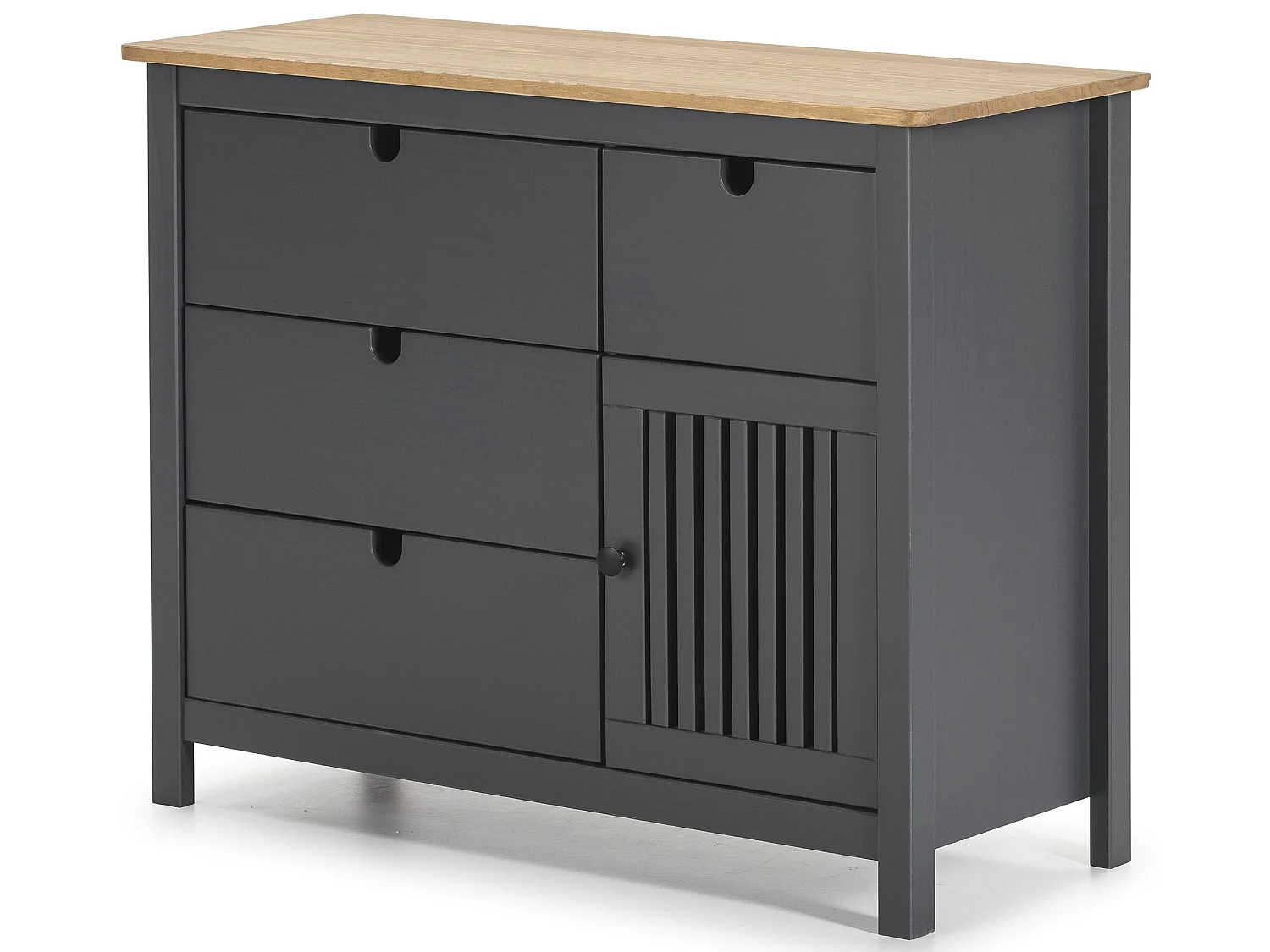 Commode en pin massif décor ciré gris anthracite et chêne, meuble de rangement - Longueur 100 x Profondeur 40 x Hauteur 80 cm