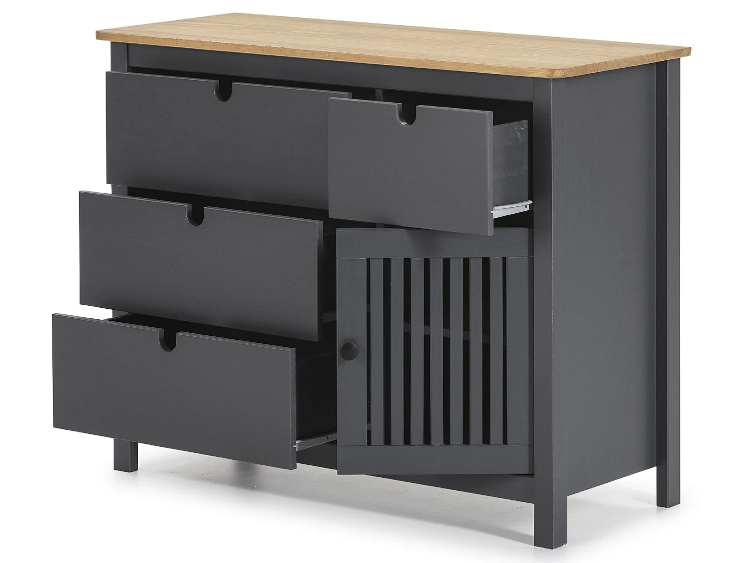 Commode en pin massif décor ciré gris anthracite et chêne, meuble de rangement - Longueur 100 x Profondeur 40 x Hauteur 80 cm