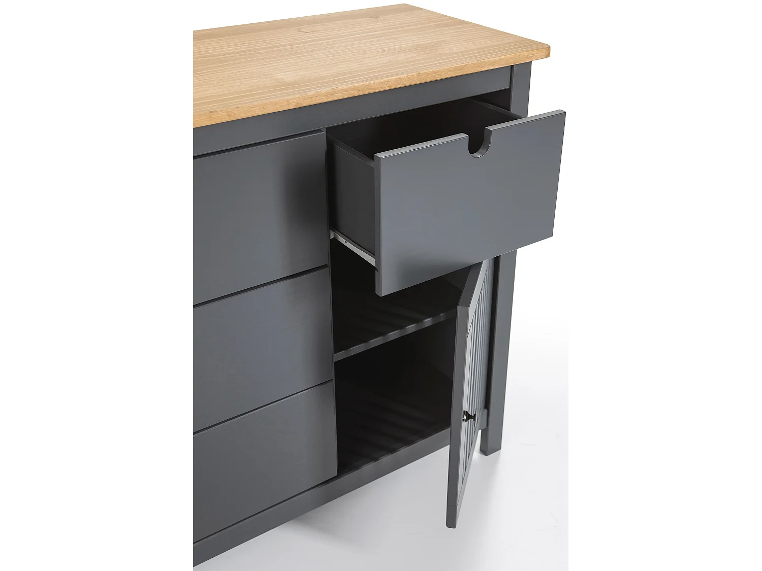 Commode en pin massif décor ciré gris anthracite et chêne, meuble de rangement - Longueur 100 x Profondeur 40 x Hauteur 80 cm