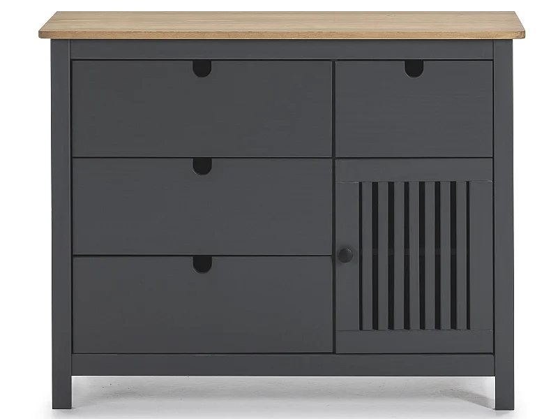Commode en pin massif décor ciré gris anthracite et chêne, meuble de rangement - Longueur 100 x Profondeur 40 x Hauteur 80 cm