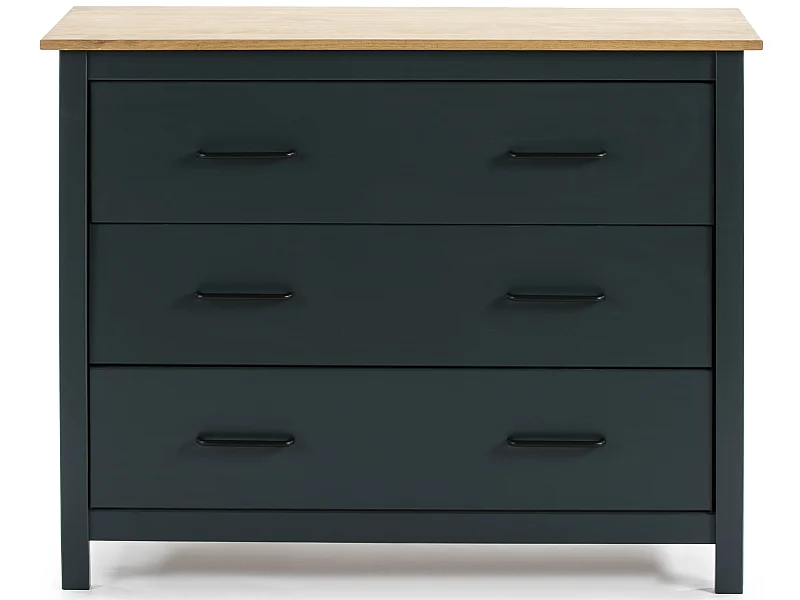 Commode en pin massif décor ciré bleu marine et chêne, meuble de rangement - Longueur 100 x Profondeur 40 x Hauteur 80 cm