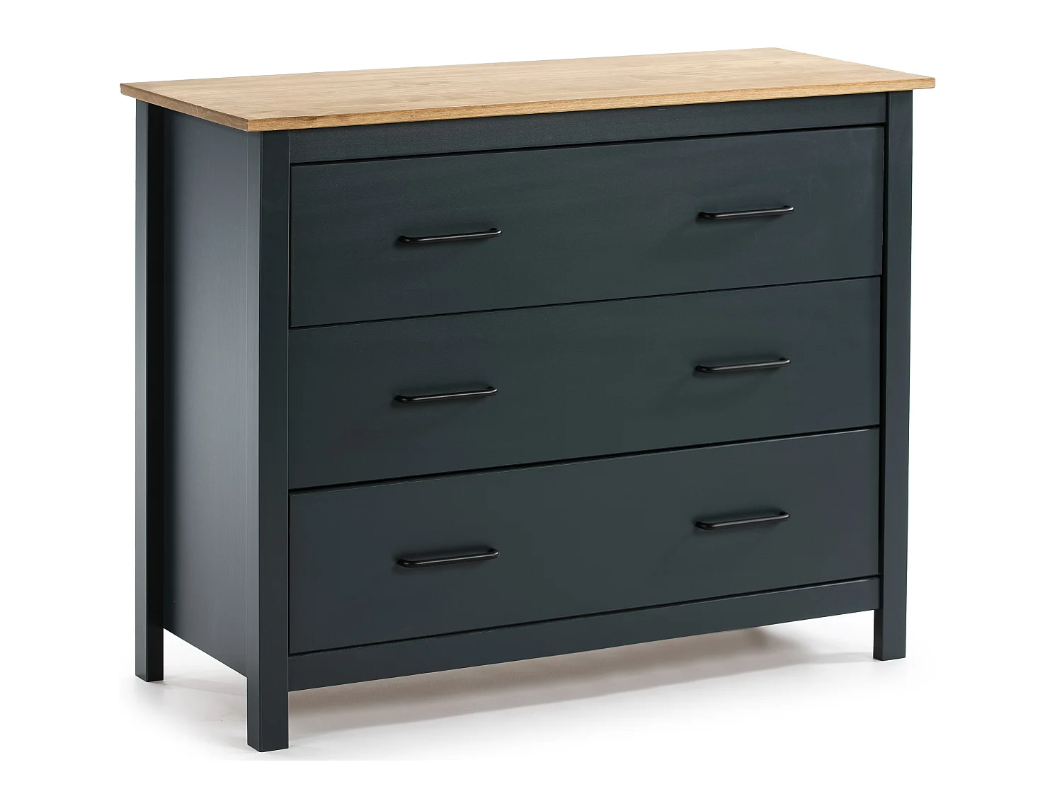 Commode en pin massif décor ciré bleu marine et chêne, meuble de rangement - Longueur 100 x Profondeur 40 x Hauteur 80 cm