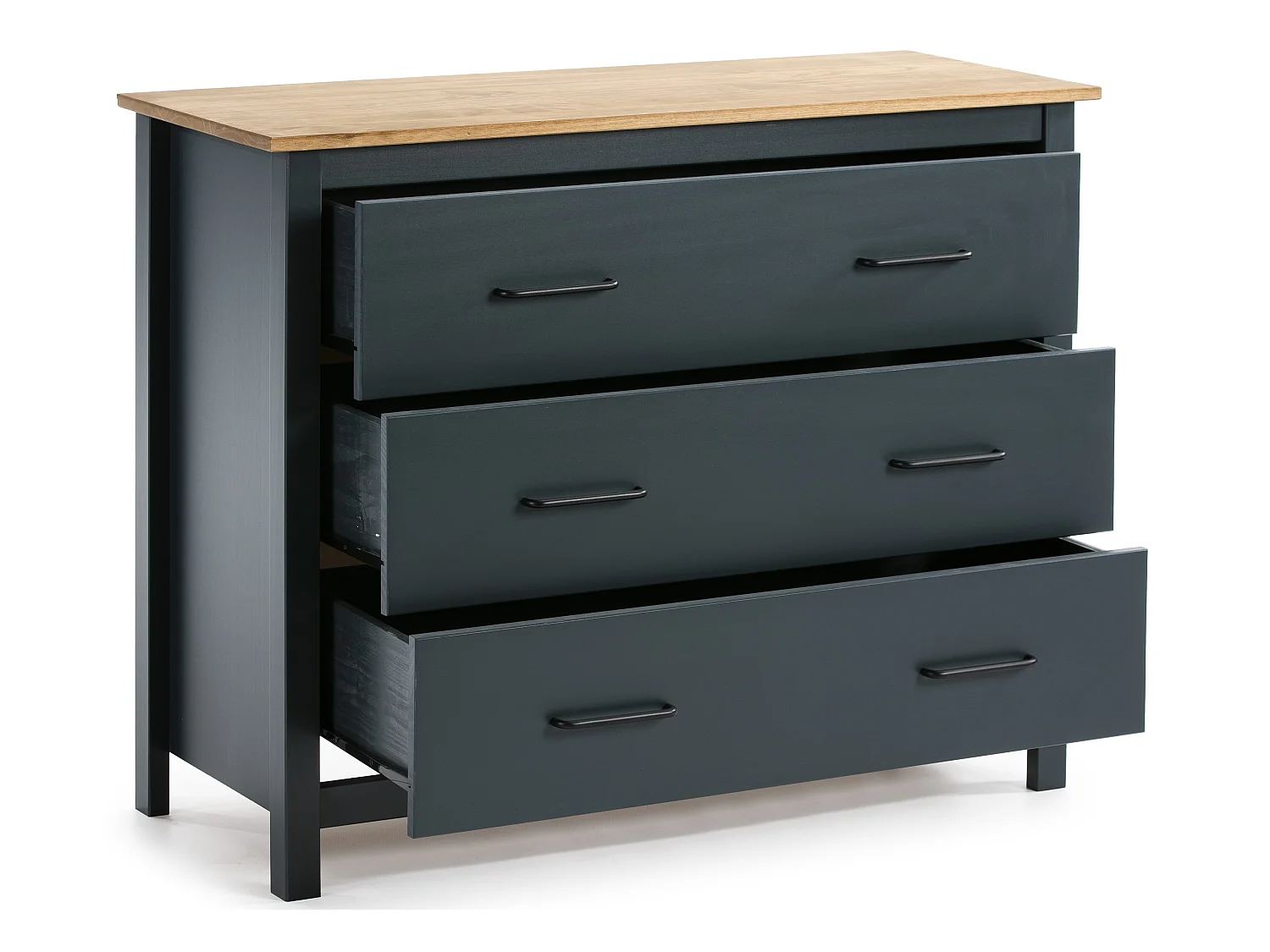 Commode en pin massif décor ciré bleu marine et chêne, meuble de rangement - Longueur 100 x Profondeur 40 x Hauteur 80 cm