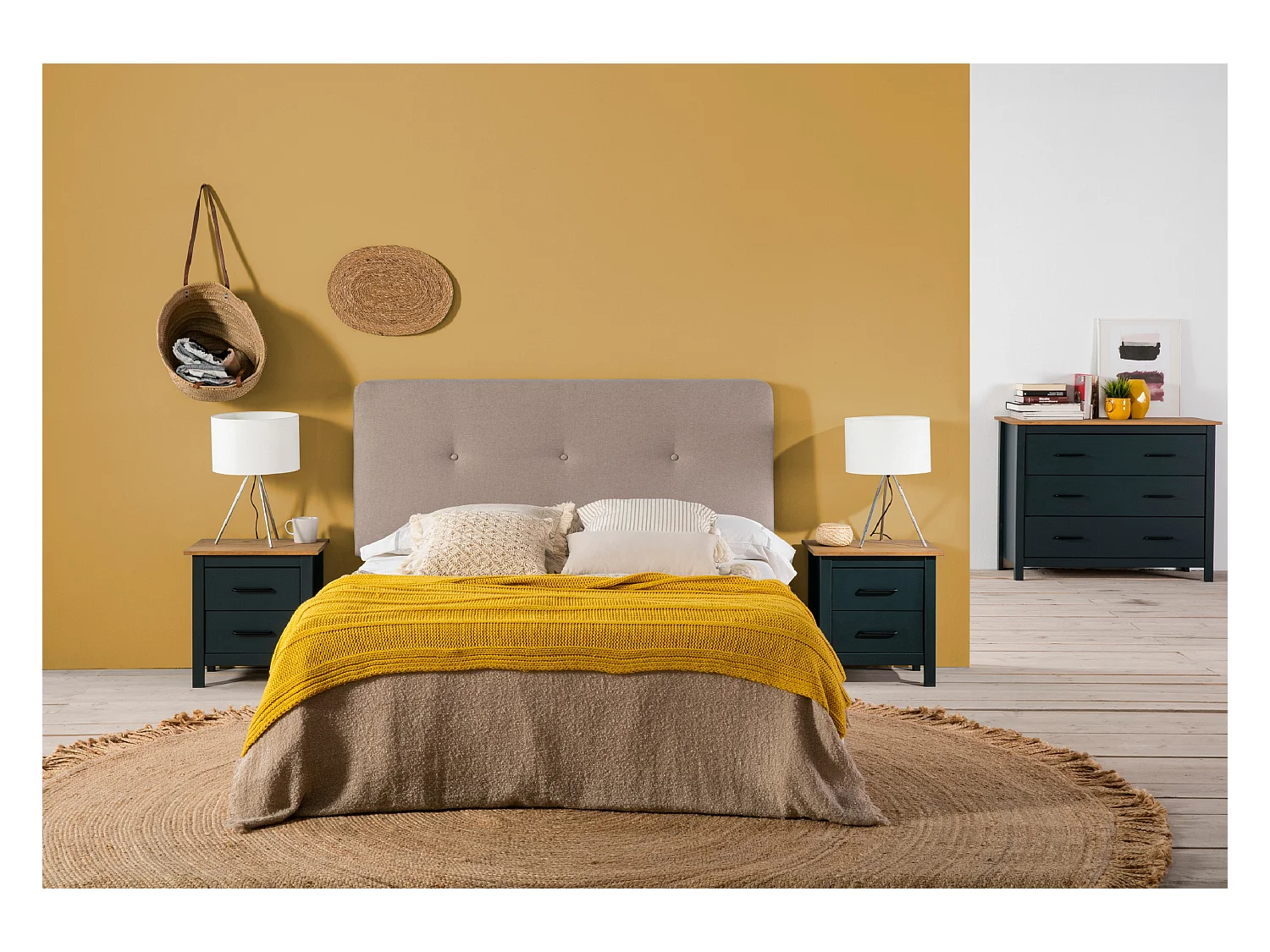 Commode en pin massif décor ciré bleu marine et chêne, meuble de rangement - Longueur 100 x Profondeur 40 x Hauteur 80 cm