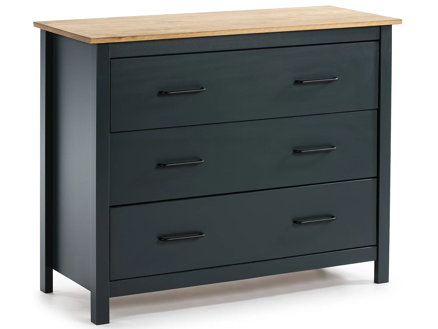 Commode en pin massif décor ciré bleu marine et chêne, meuble de rangement - Longueur 100 x Profondeur 40 x Hauteur 80 cm