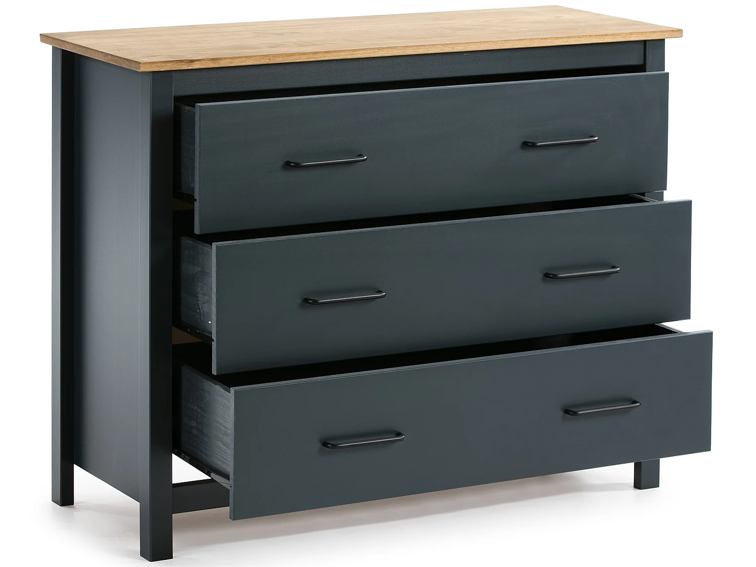 Commode en pin massif décor ciré bleu marine et chêne, meuble de rangement - Longueur 100 x Profondeur 40 x Hauteur 80 cm