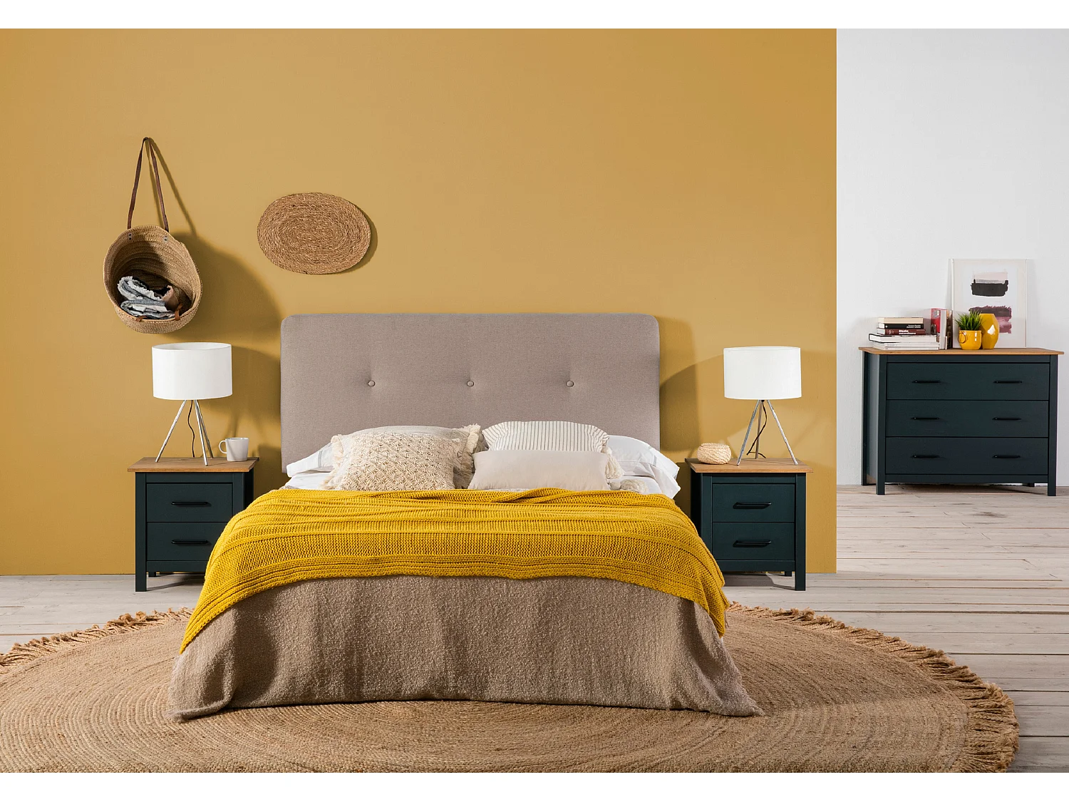 Commode en pin massif décor ciré bleu marine et chêne, meuble de rangement - Longueur 100 x Profondeur 40 x Hauteur 80 cm