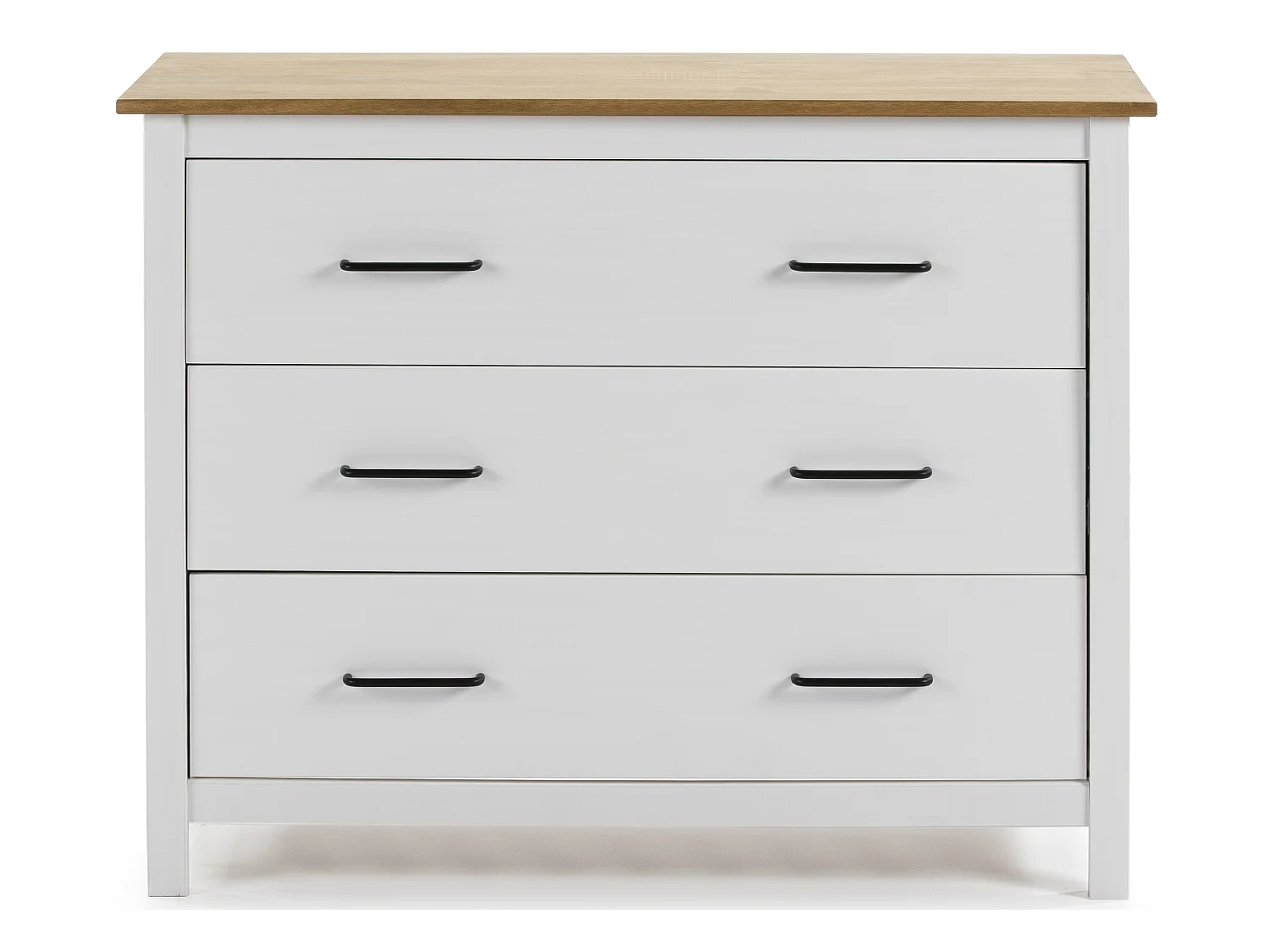 Commode en pin massif décor ciré blanc et chêne, meuble de rangement - Longueur 100 x Profondeur 40 x Hauteur 80 cm