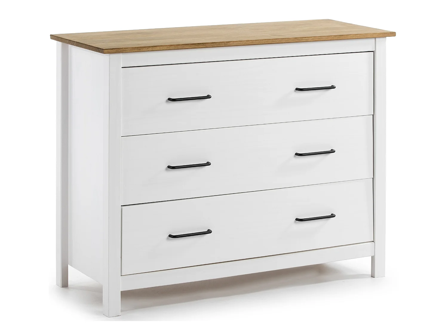 Commode en pin massif décor ciré blanc et chêne, meuble de rangement - Longueur 100 x Profondeur 40 x Hauteur 80 cm