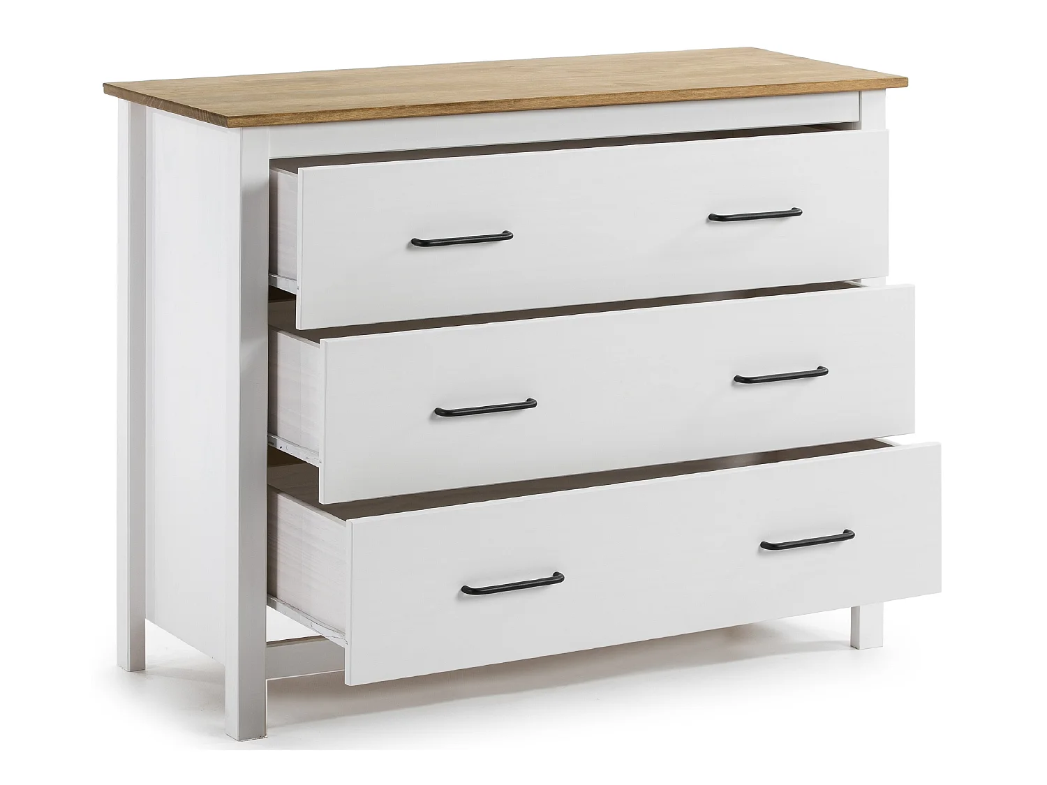 Commode en pin massif décor ciré blanc et chêne, meuble de rangement - Longueur 100 x Profondeur 40 x Hauteur 80 cm