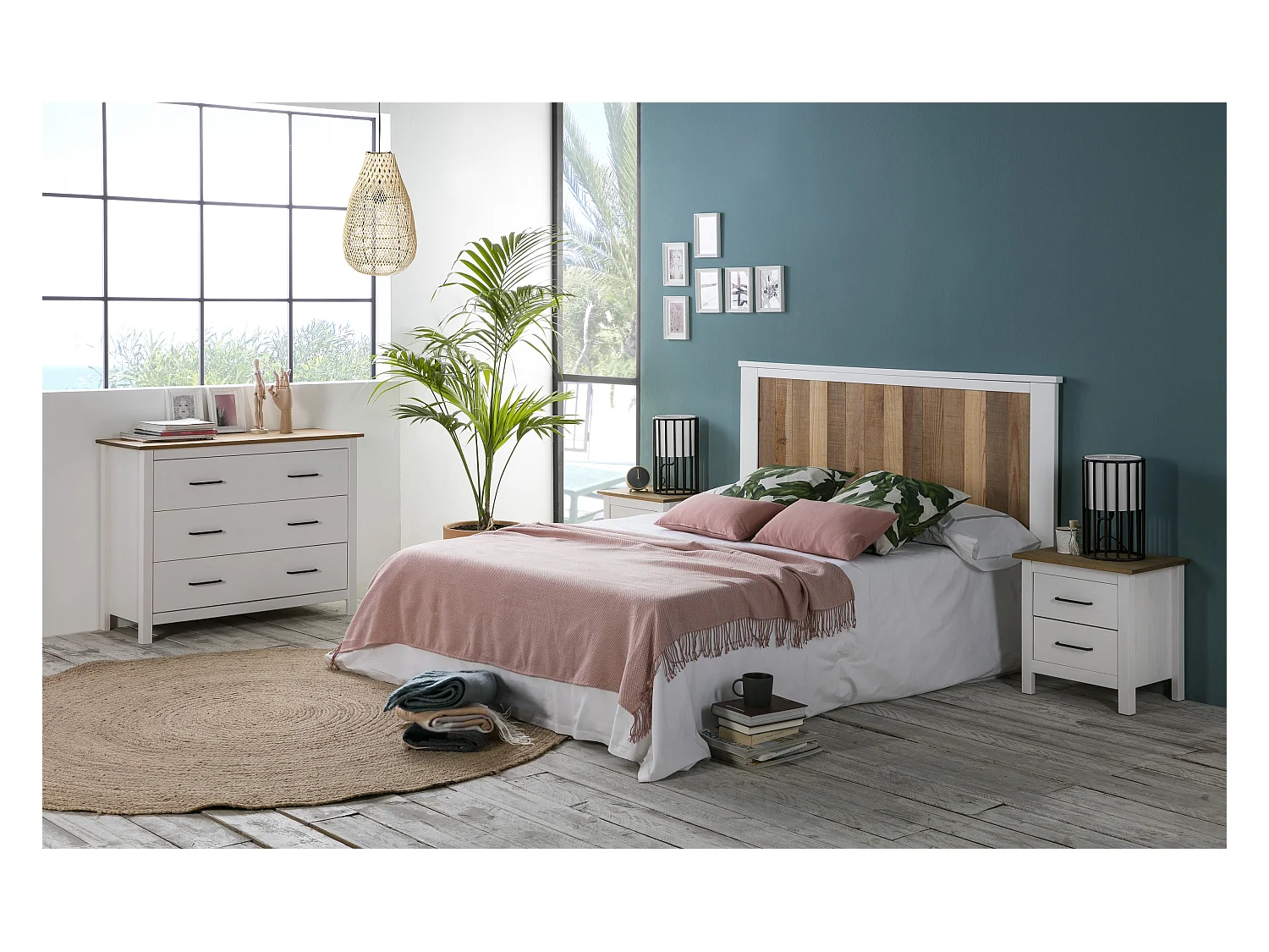 Commode en pin massif décor ciré blanc et chêne, meuble de rangement - Longueur 100 x Profondeur 40 x Hauteur 80 cm